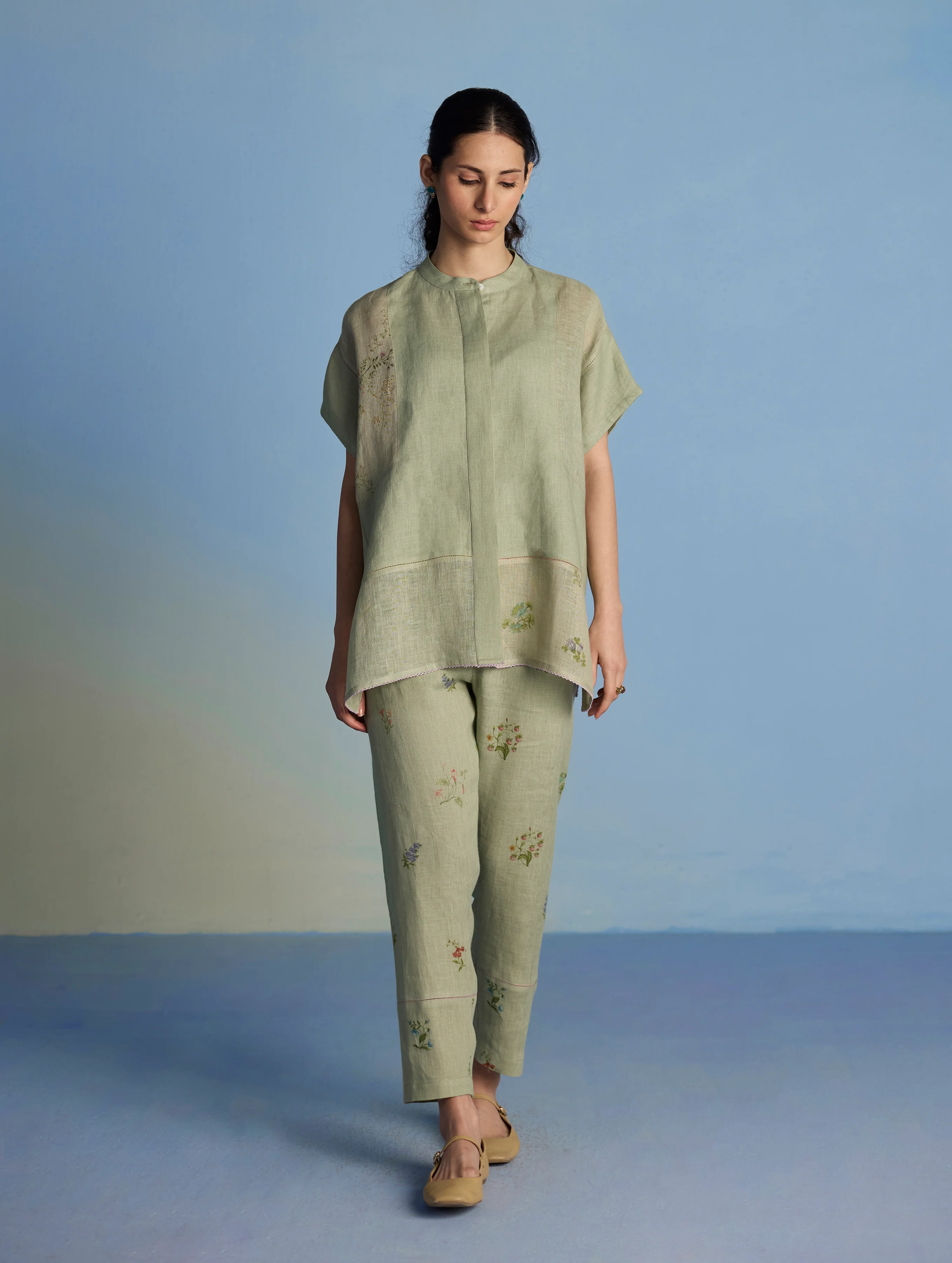 Aboli Patchwork Linen Shirt - Mint - Image 2