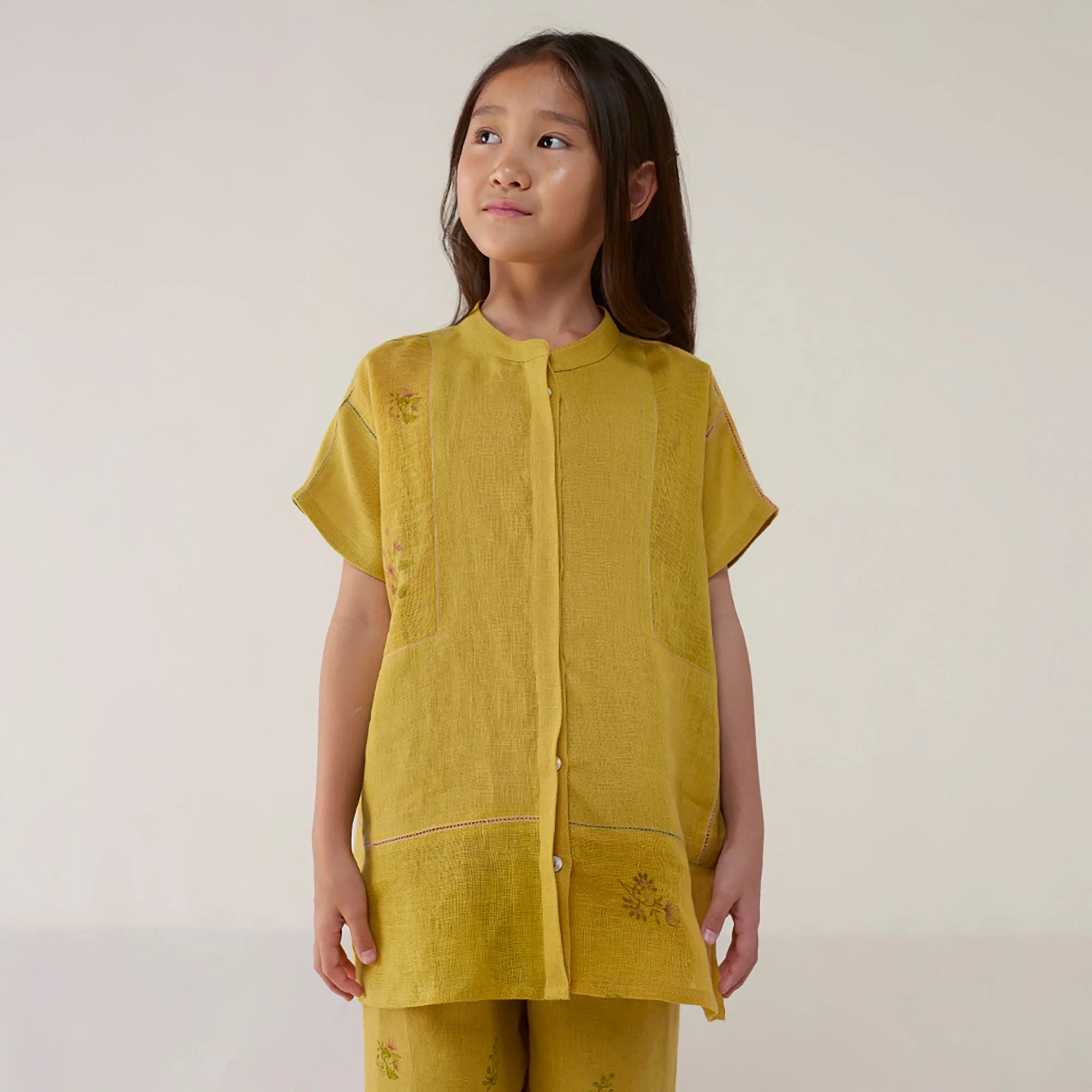 Aboli Patchwork Linen Shirt - Ochre - Image 2