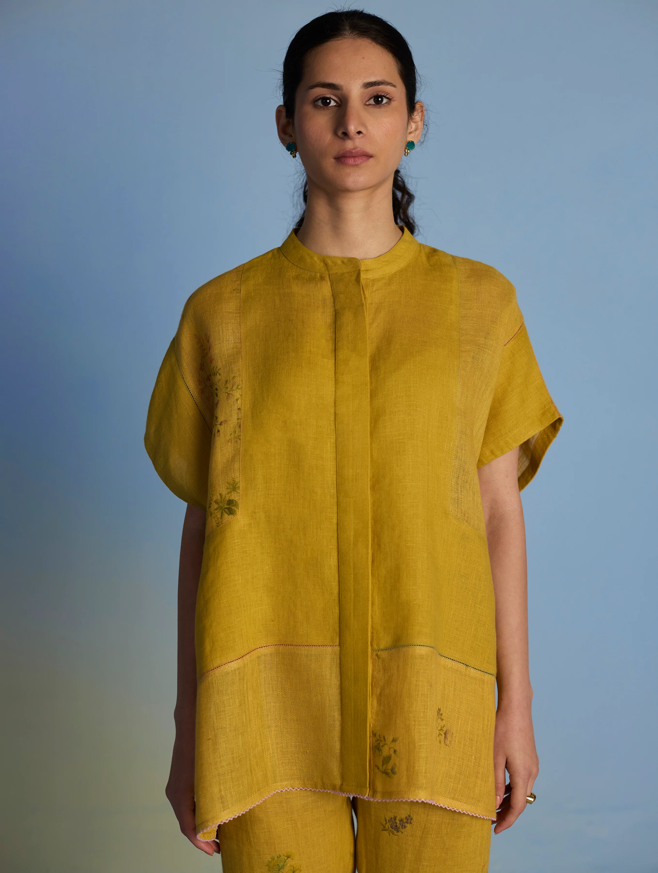 Aboli Patchwork Linen Shirt - Ochre - Image 5