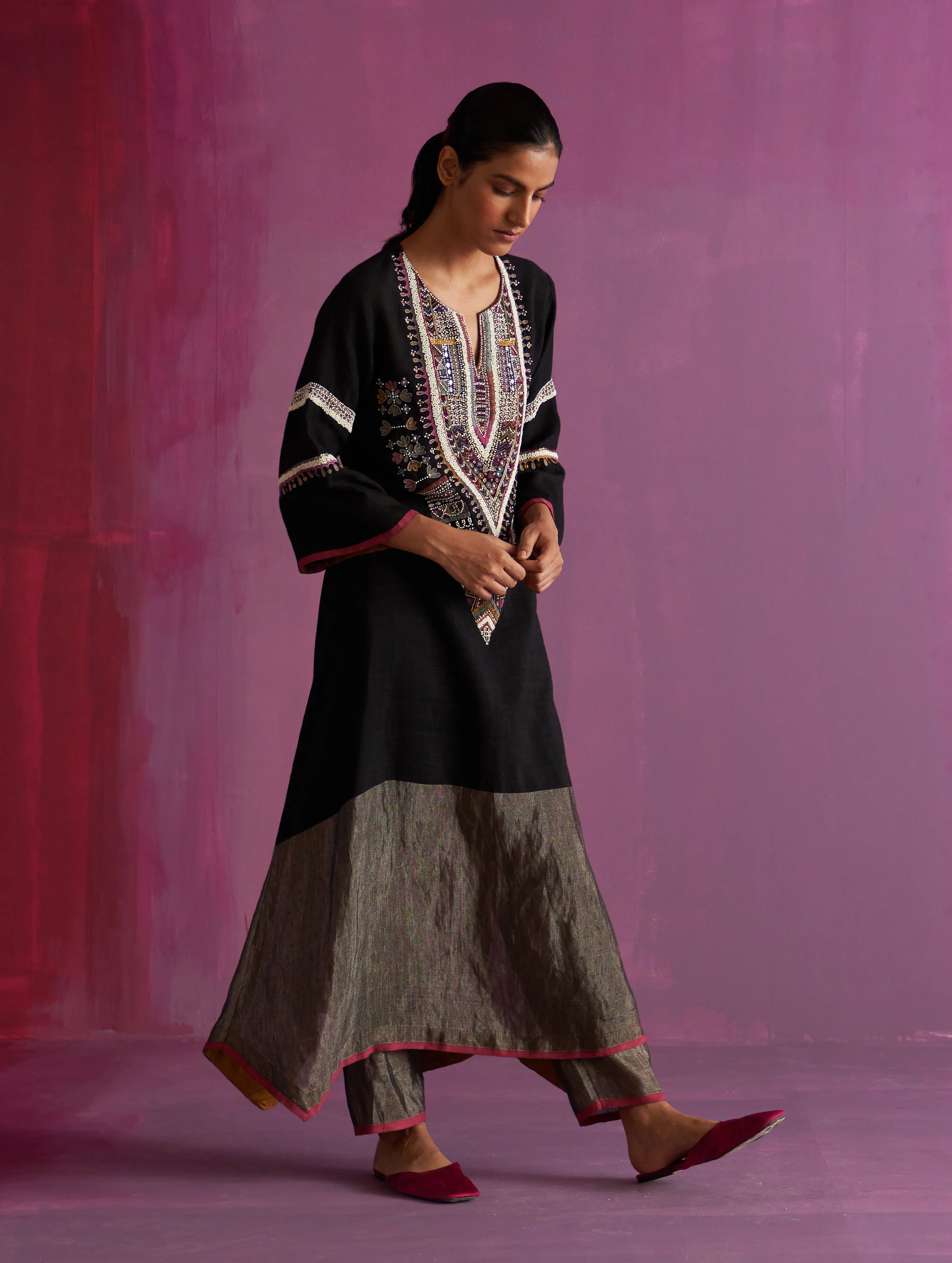 Afra Hand-Embroidered Kurta - Black - Image 3