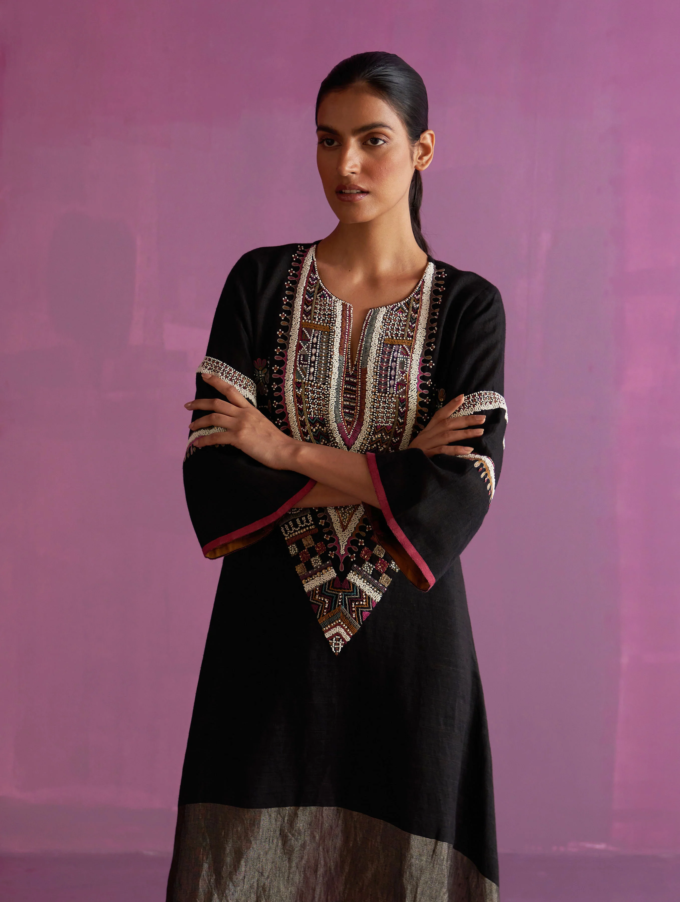 Afra Hand-Embroidered Kurta - Black - Image 4