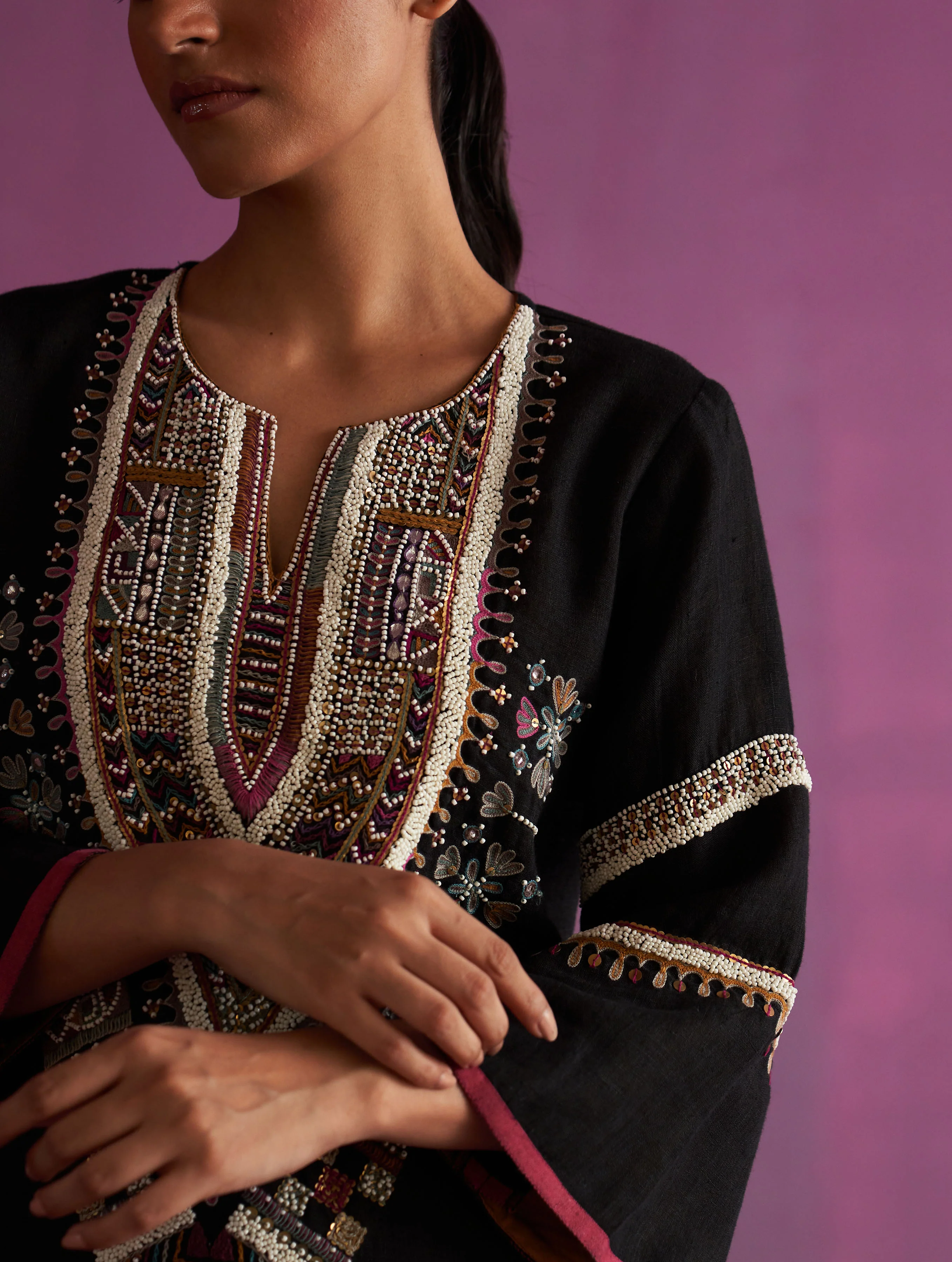 Afra Hand-Embroidered Kurta - Black - Image 6