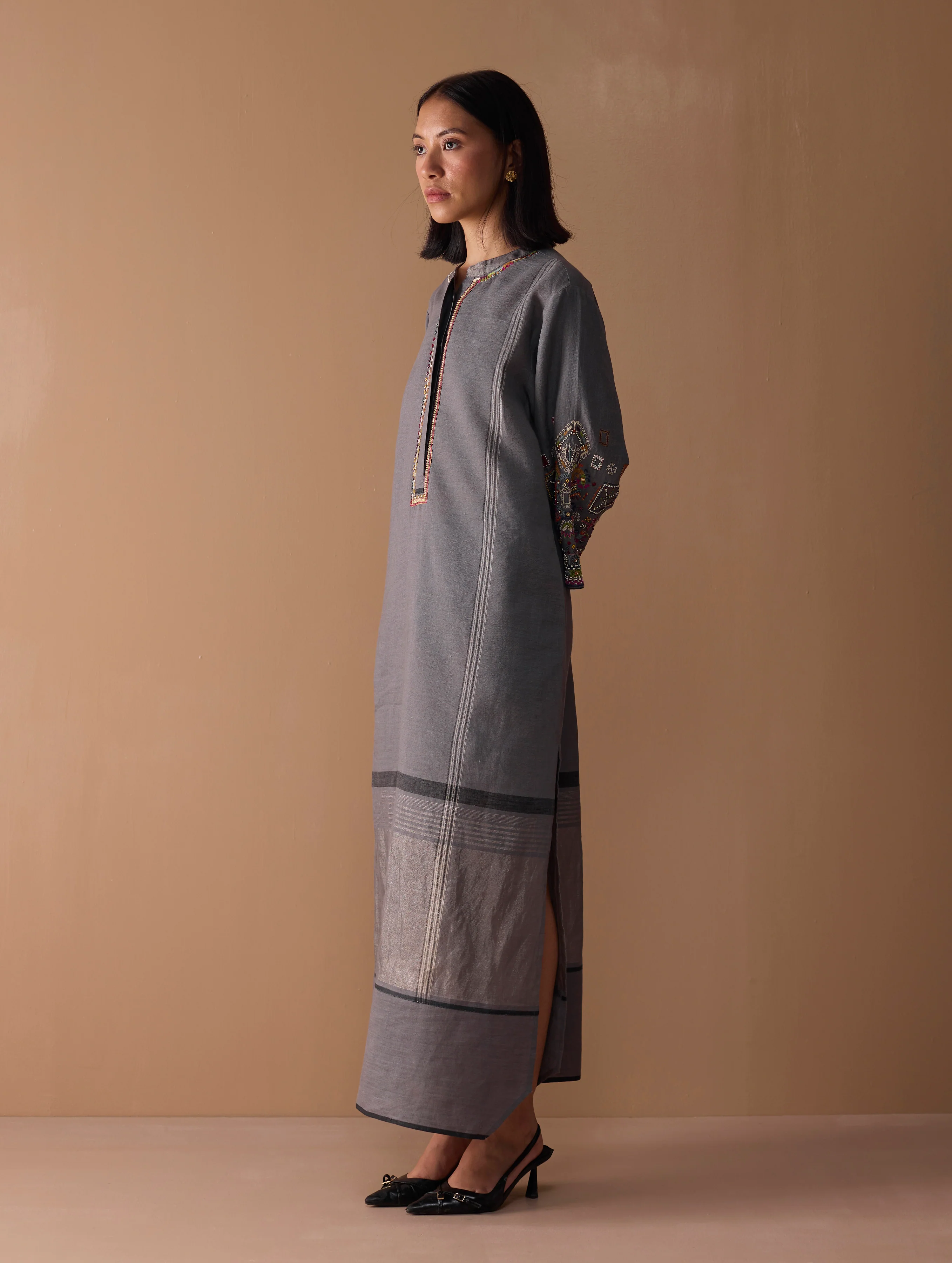 Afshan Hand-Embroidered Dress - Metallic Grey - Image 6