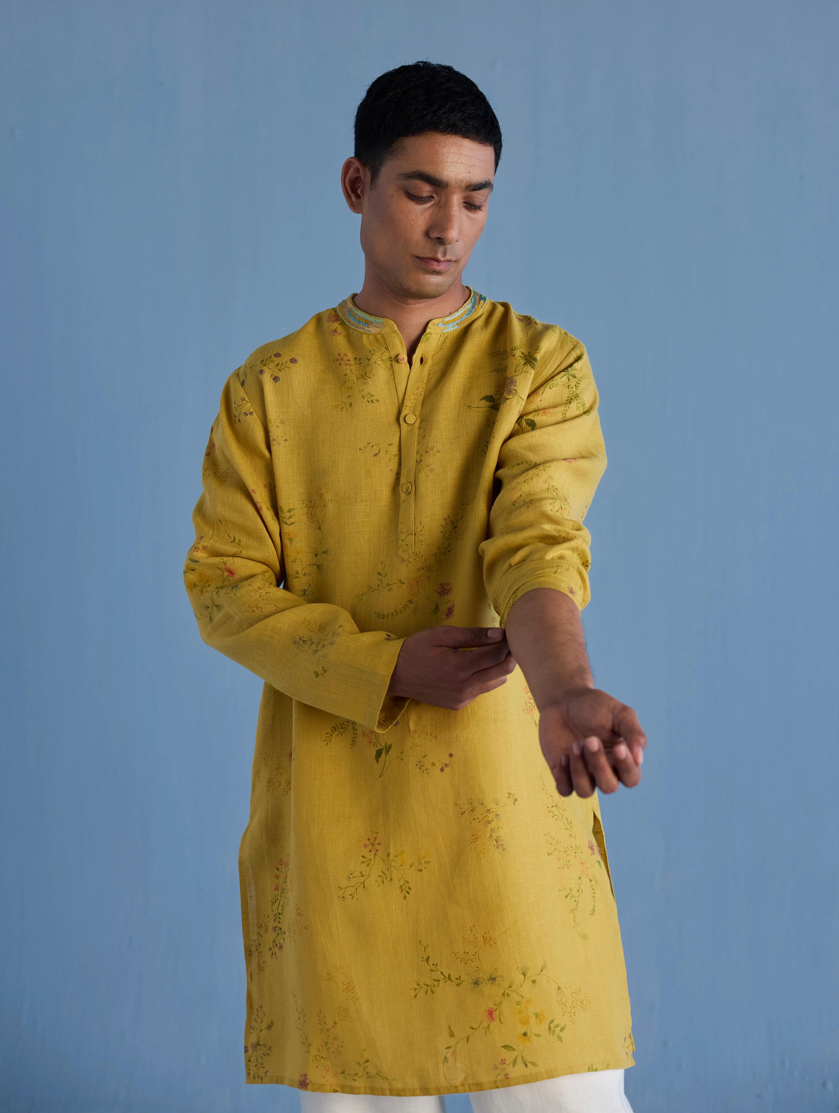 Ahan Floral Printed Kurta with Embroidered Collar - Ochre - Image 2