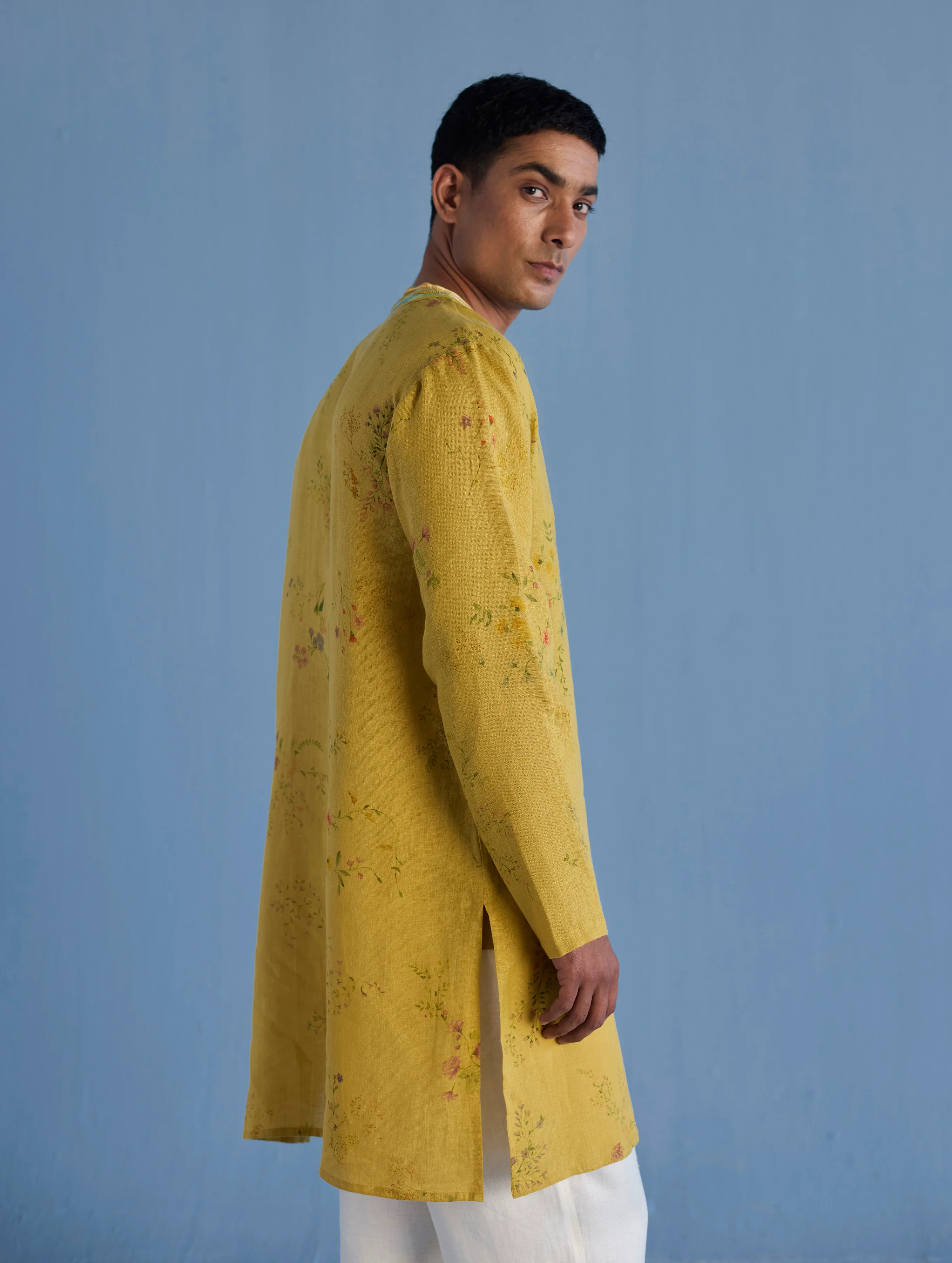 Ahan Floral Printed Kurta with Embroidered Collar - Ochre - Image 5