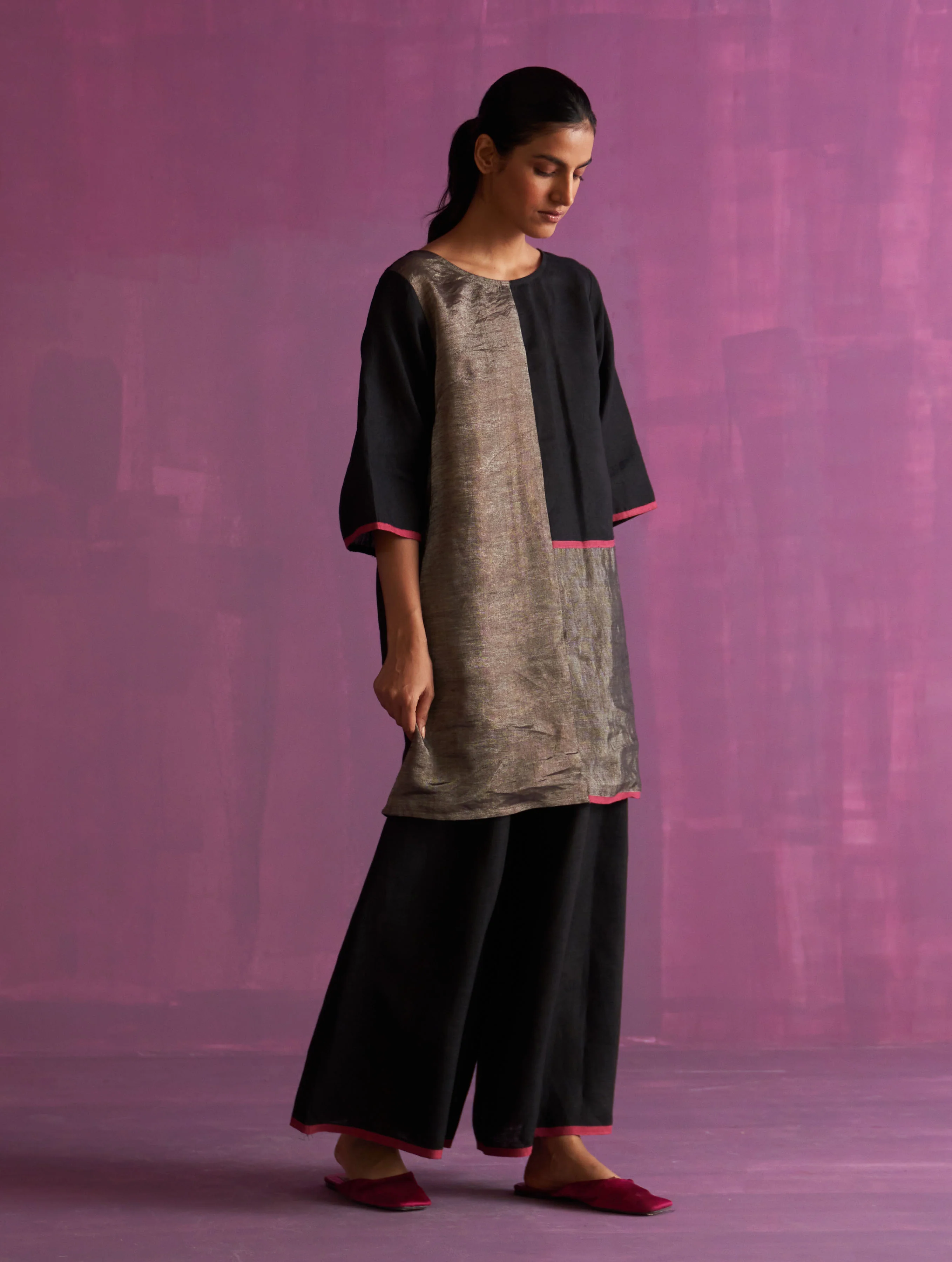 Ahana Metallic Linen Co-ord Set - Black - Image 3