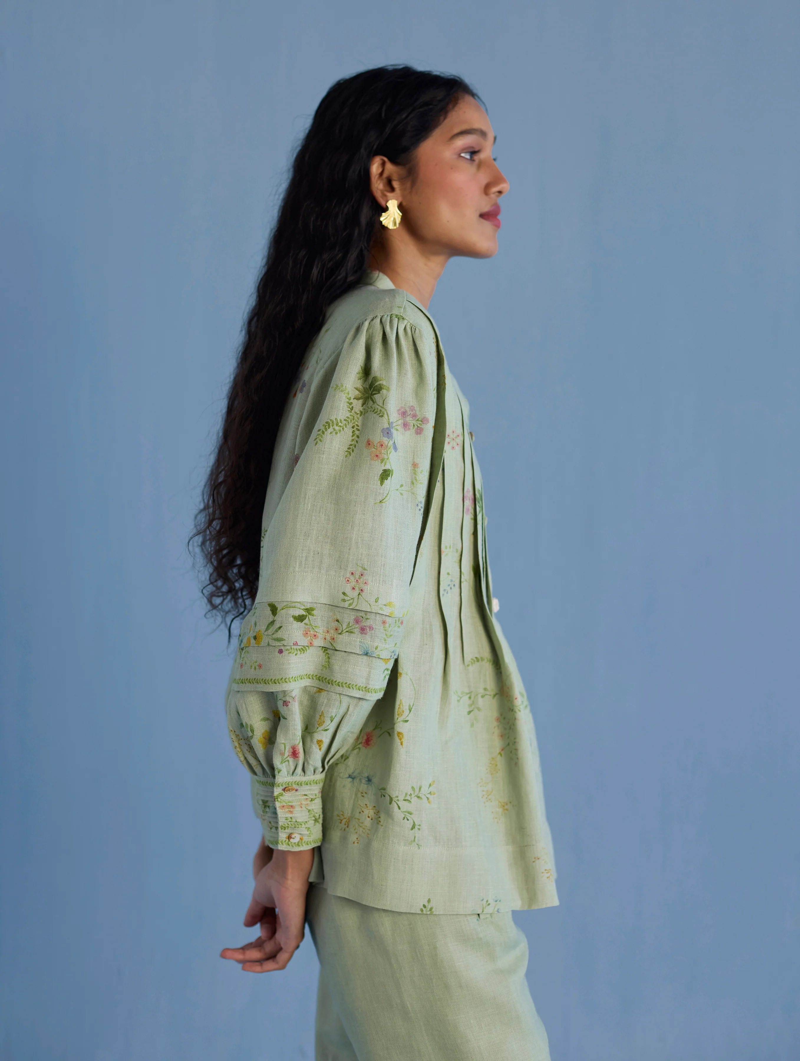 Akavi Pleated Floral Linen Co-ord Set - Mint - Image 2