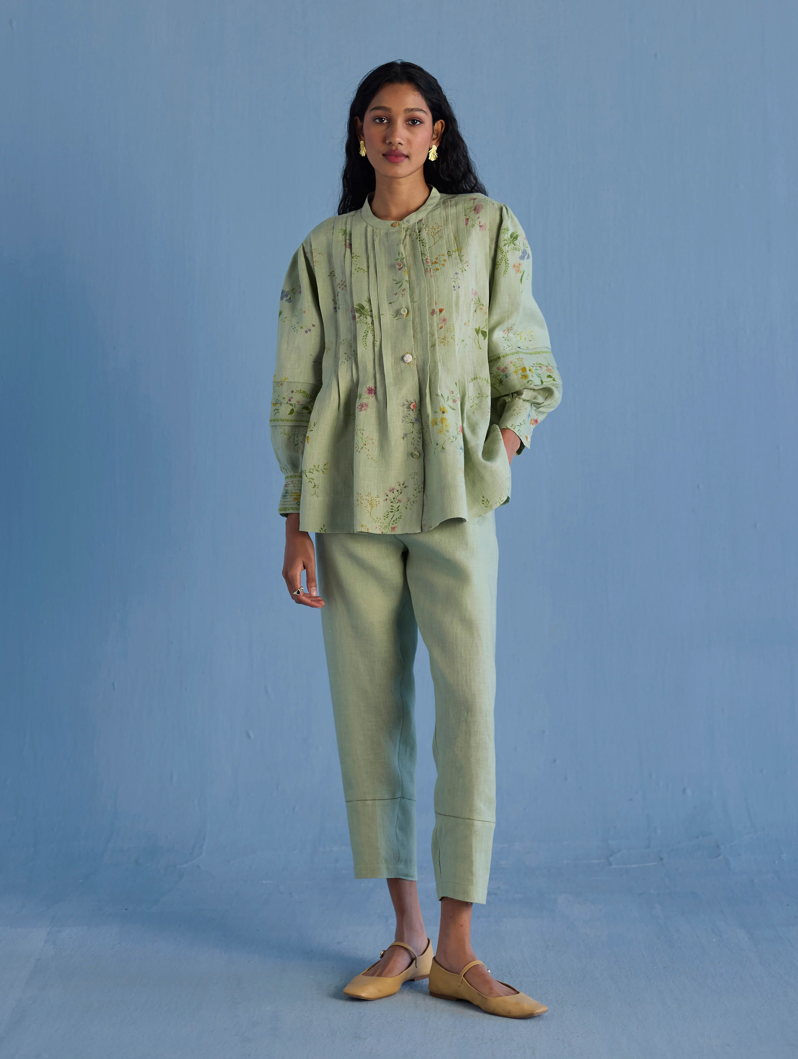 Akavi Pleated Floral Linen Co-ord Set - Mint - Image 4