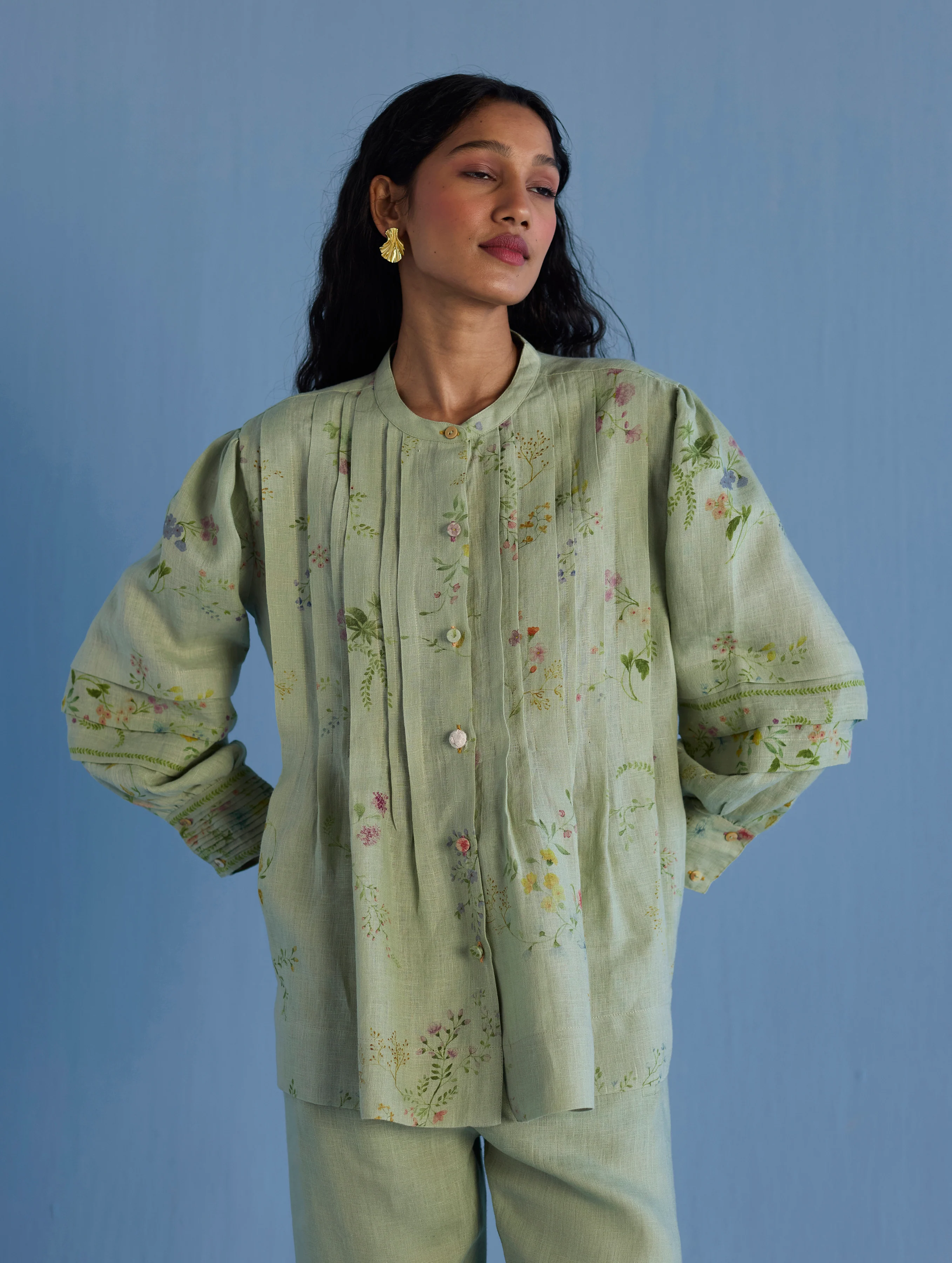 Akavi Pleated Floral Linen Co-ord Set - Mint - Image 6