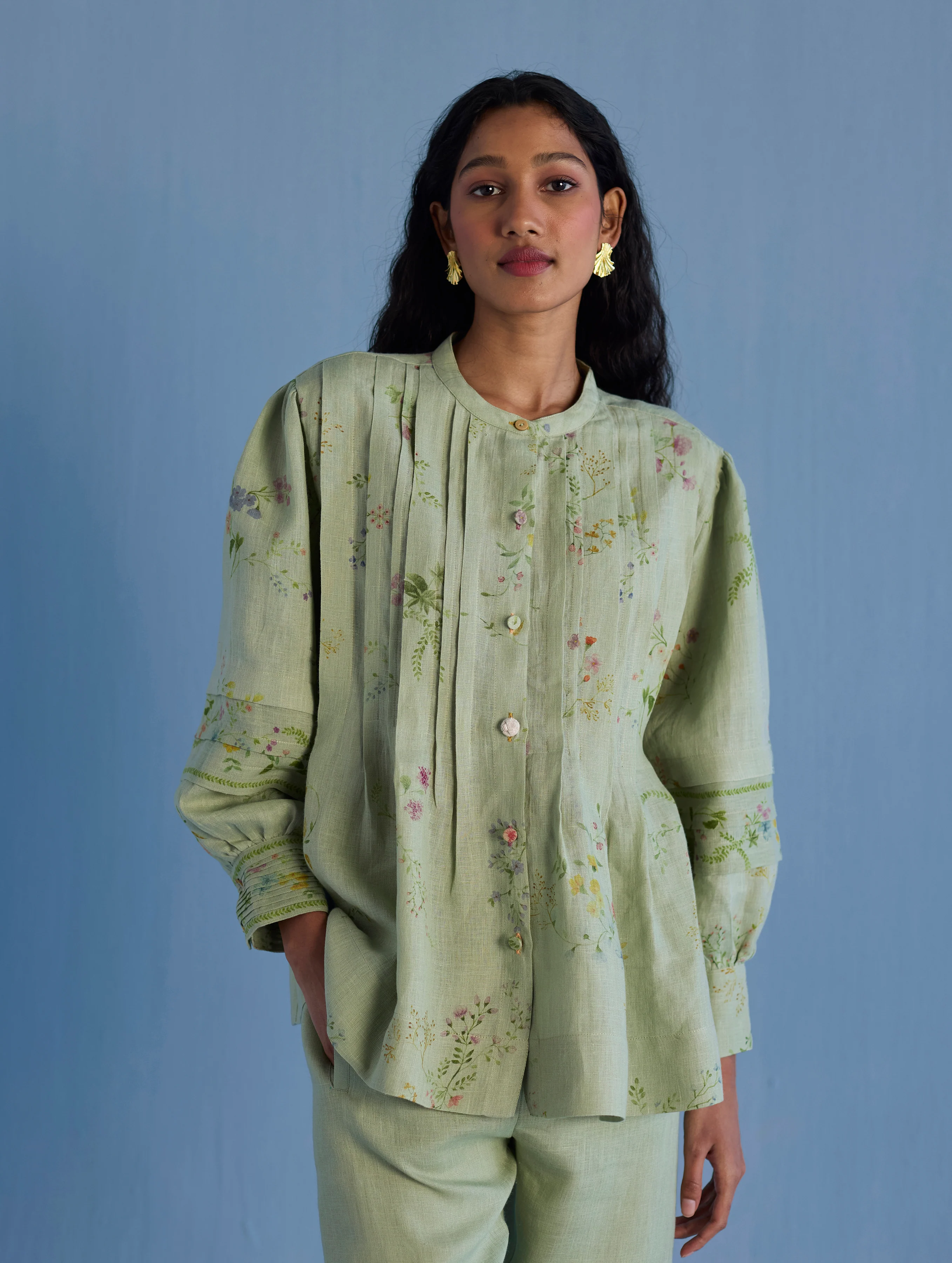 Akavi Pleated Floral Linen Co-ord Set - Mint - Image 8