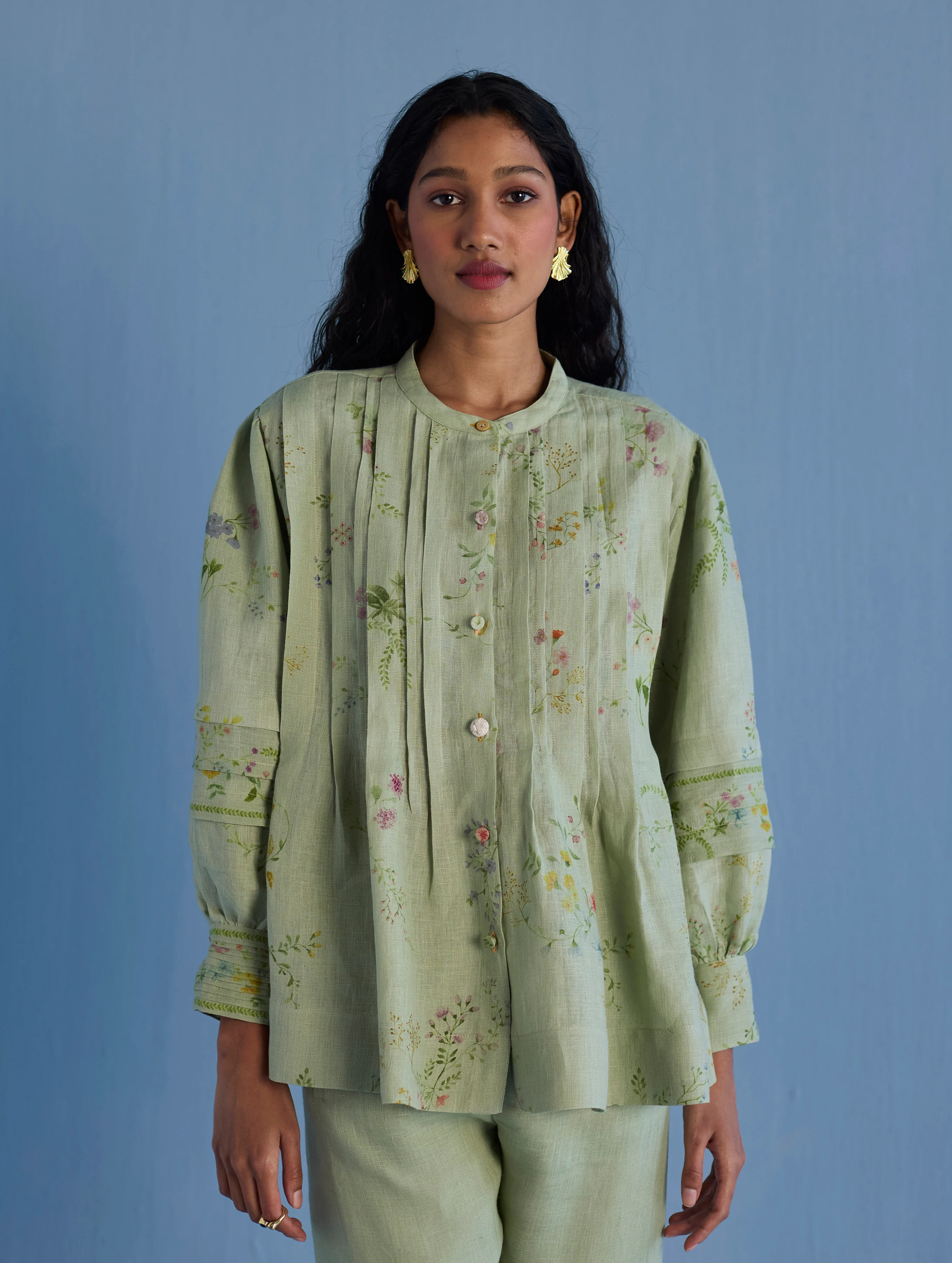 Akavi Pleated Floral Linen Co-ord Set - Mint - Image 9