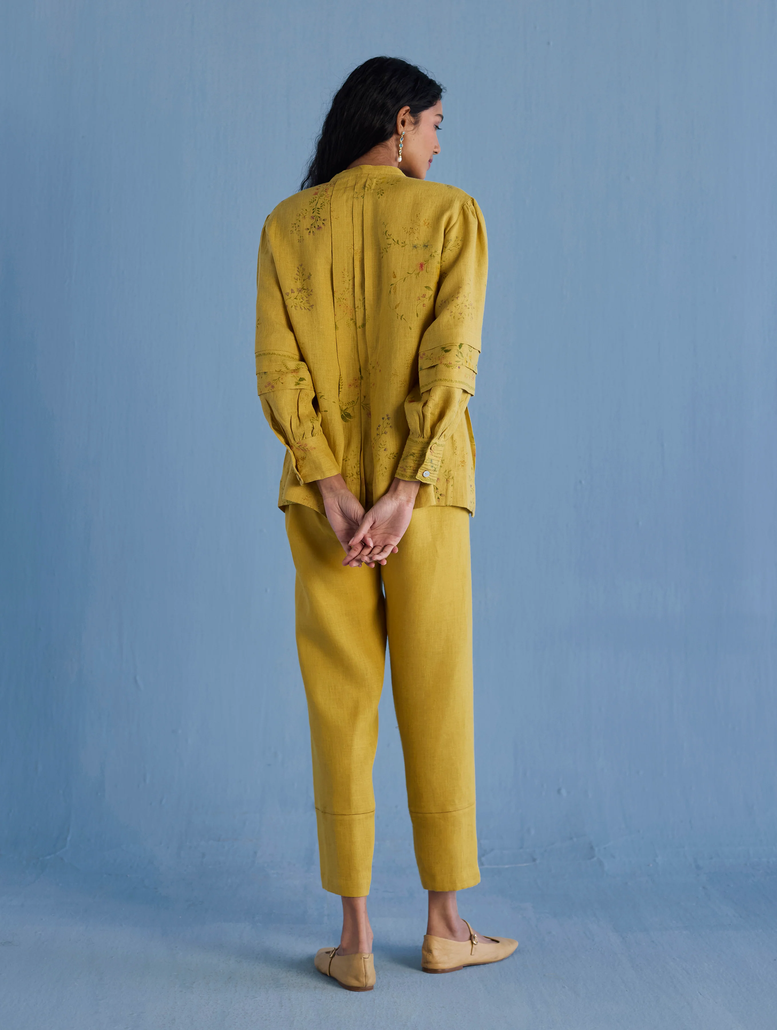 Akavi Pleated Floral Linen Co-ord Set  - Ochre - Image 6