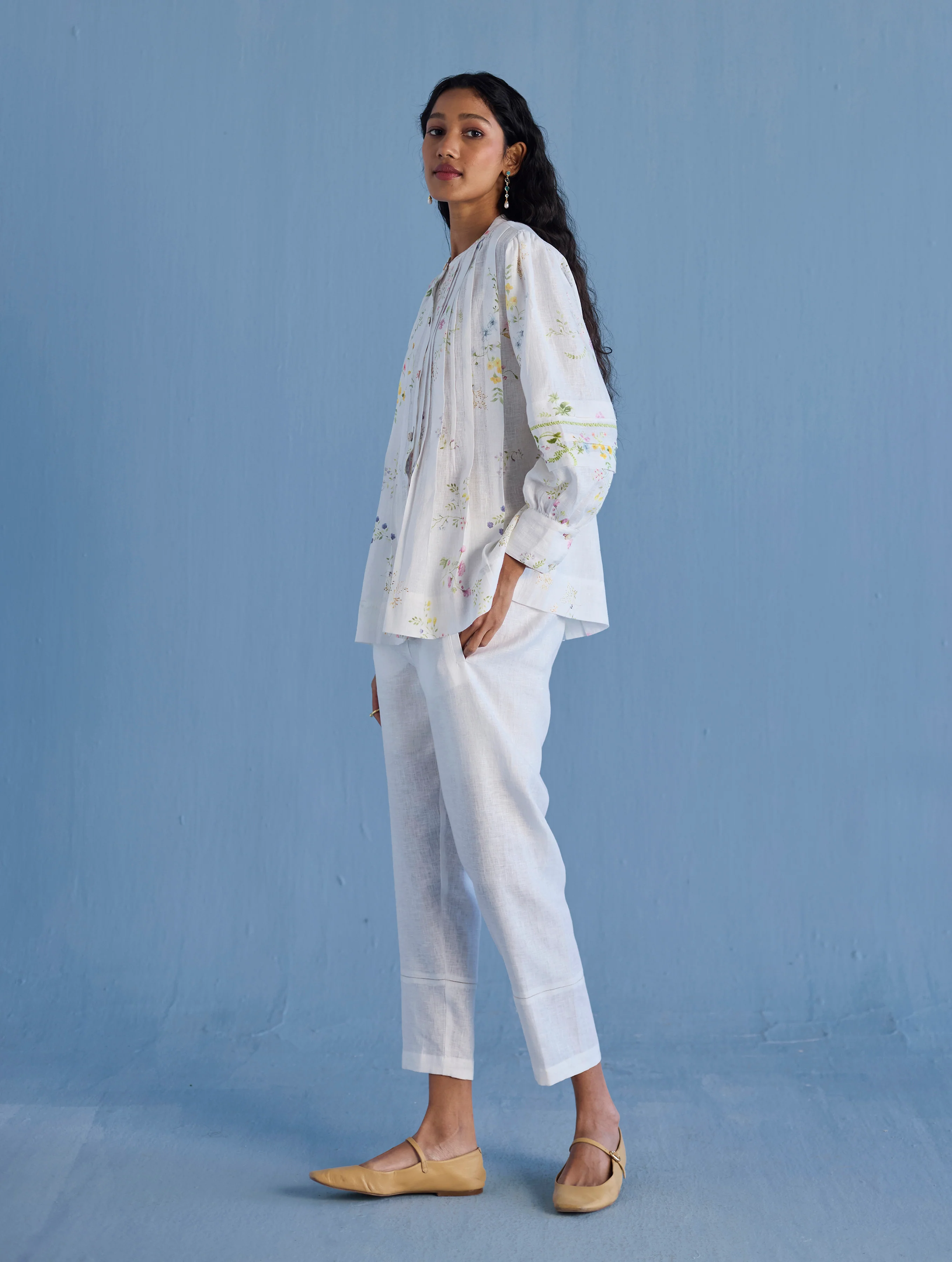 Akavi Pleated Floral Linen Co-ord Set - White - Image 8