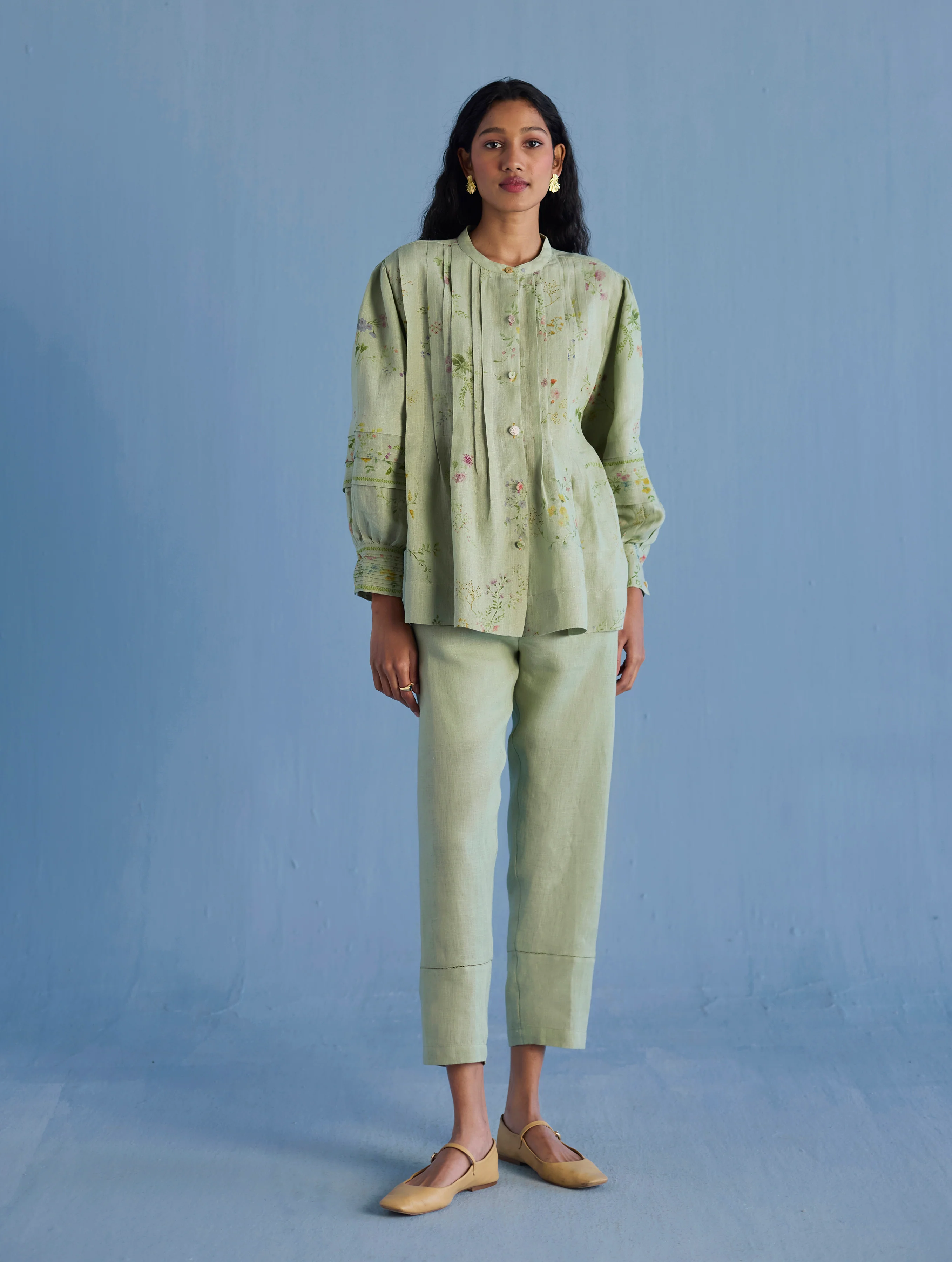 Akavi Pleated Floral Linen Shirt - Mint - Image 4
