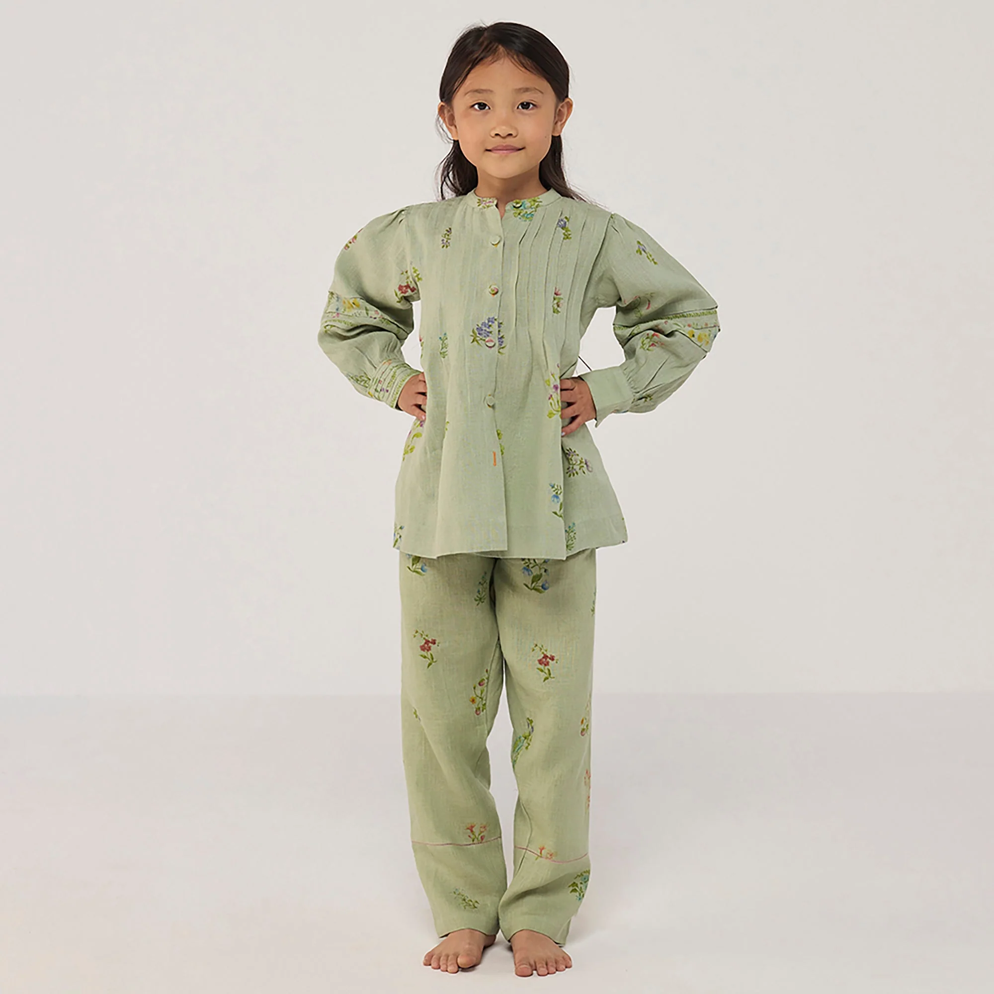 Akavi Pleated Floral Linen Shirt - Mint - Image 2