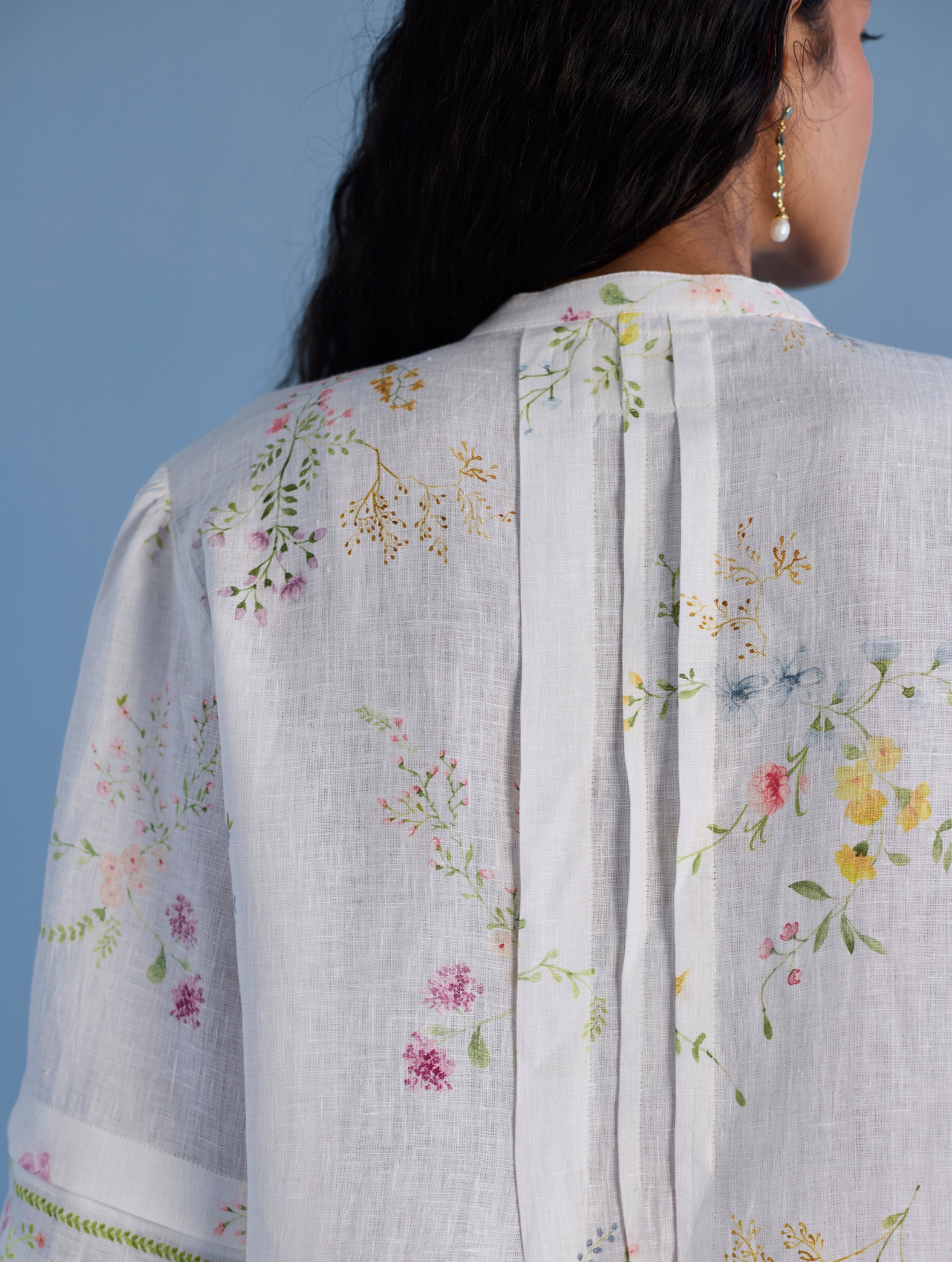 Akavi Pleated Floral Linen Shirt - White - Image 2