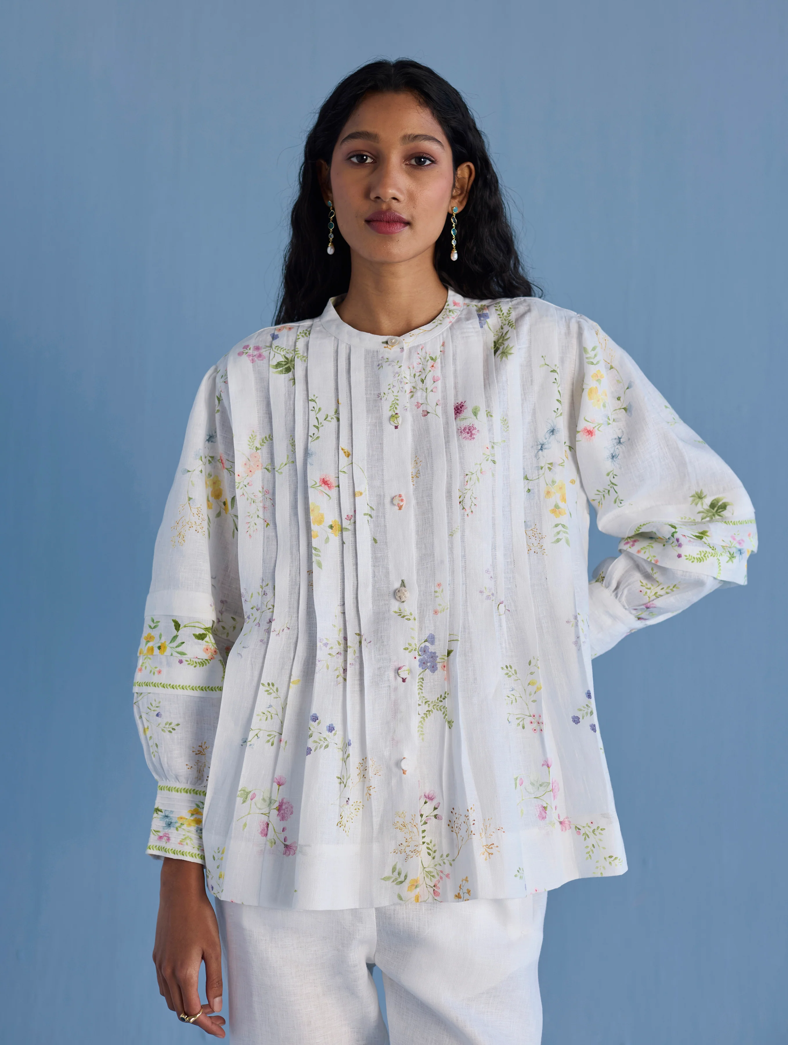 Akavi Pleated Floral Linen Shirt - White - Image 4