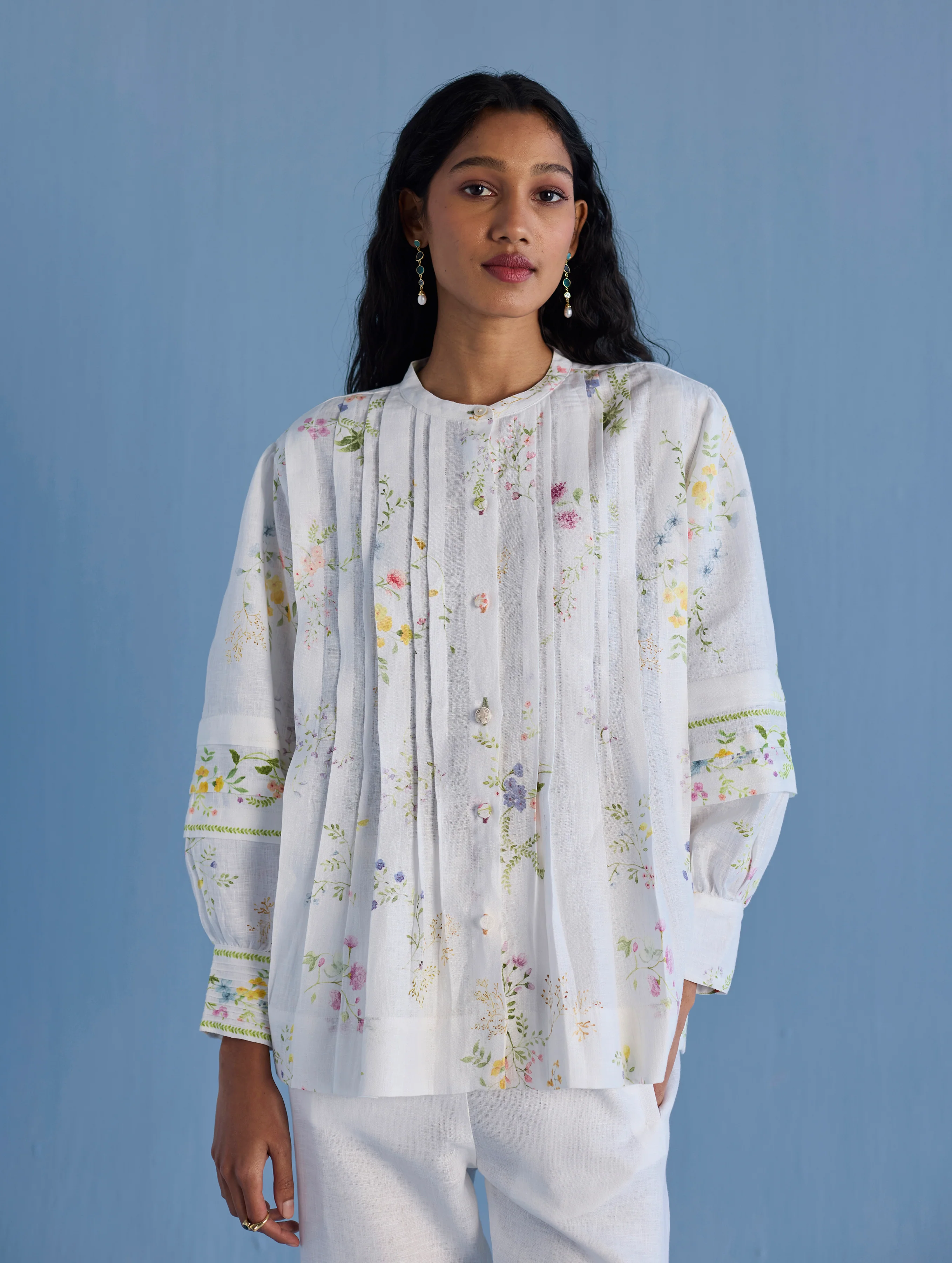 Akavi Pleated Floral Linen Shirt - White - Image 6
