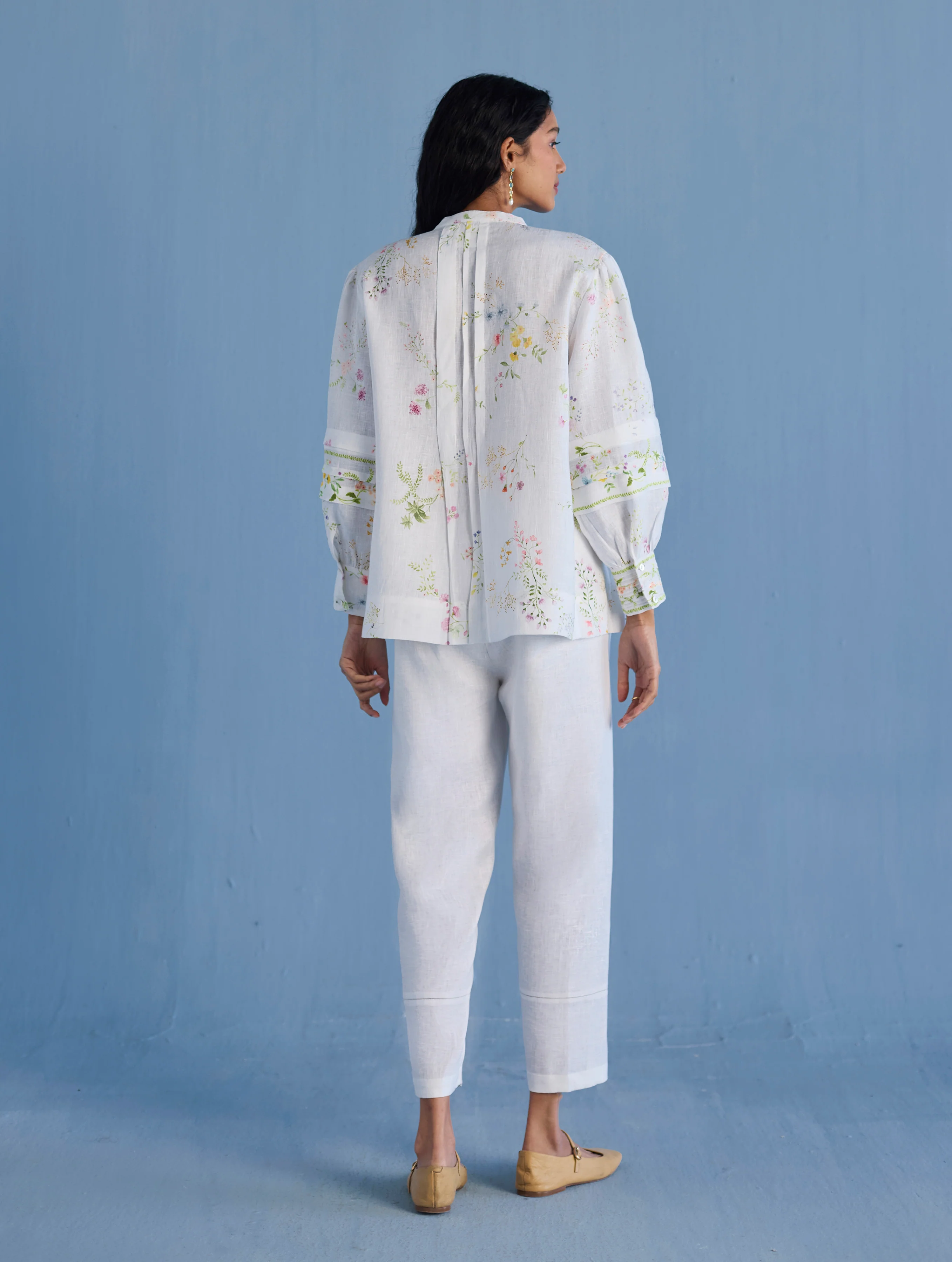 Akavi Pleated Floral Linen Shirt - White - Image 8