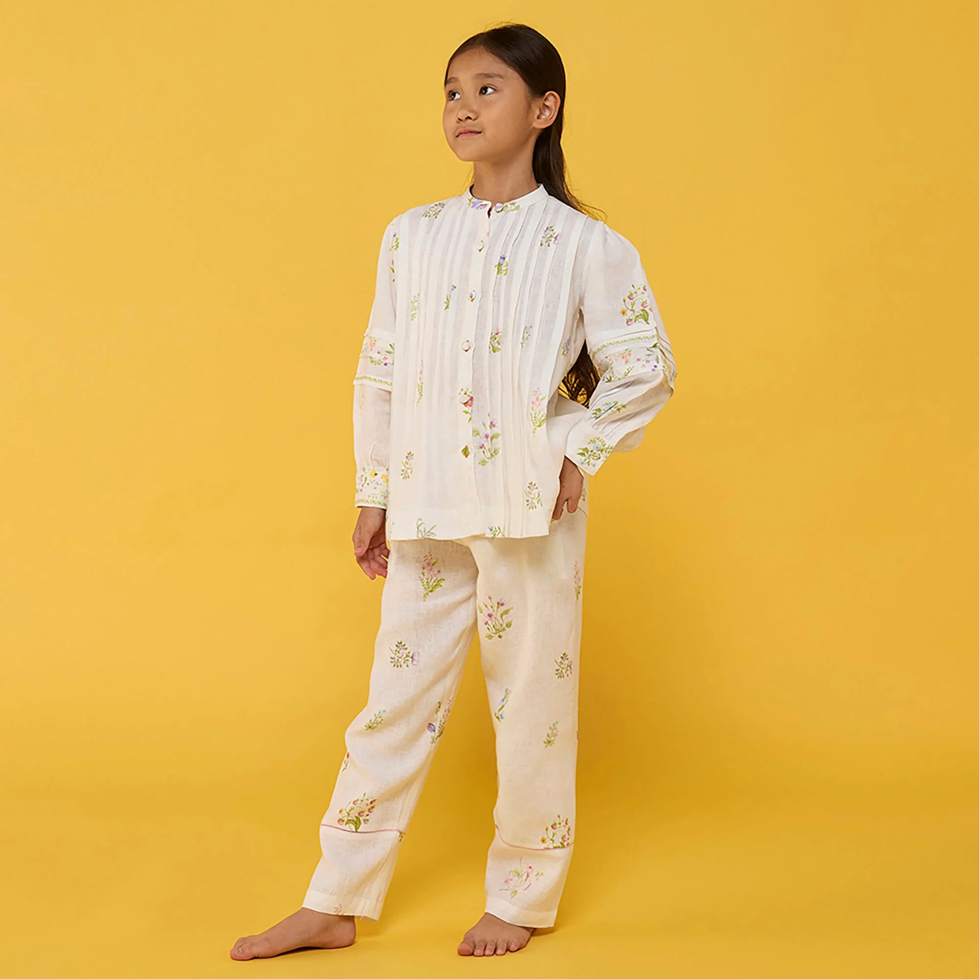 Akavi Pleated Floral Linen Shirt - White - Image 2