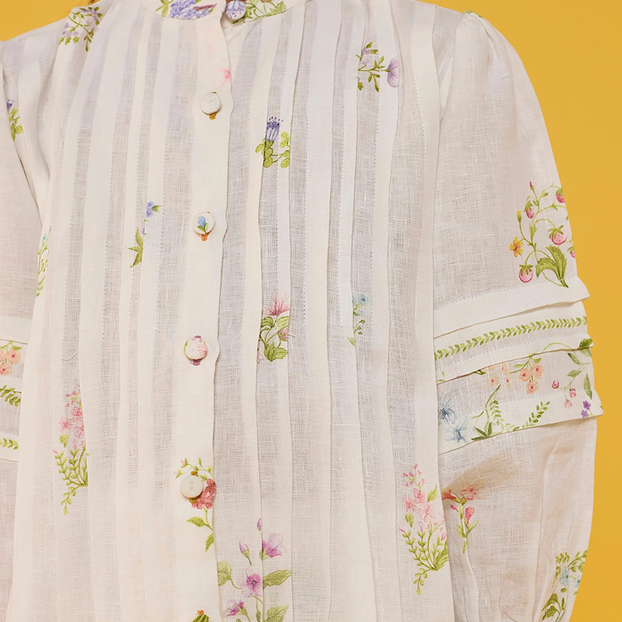 Akavi Pleated Floral Linen Shirt - White - Image 3