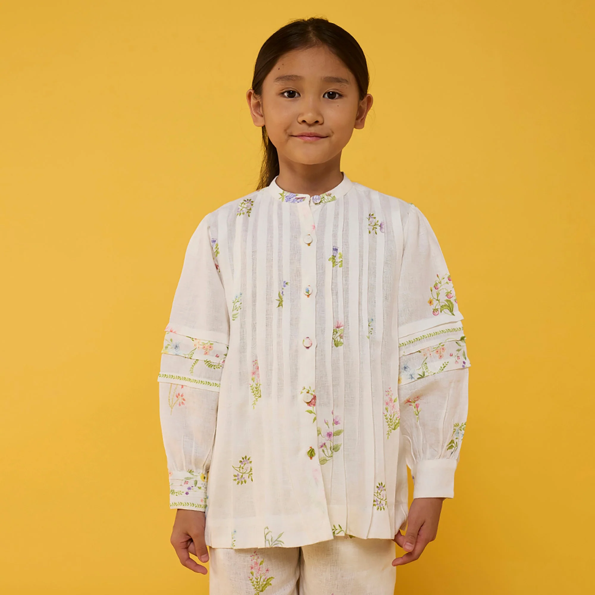 Akavi Pleated Floral Linen Shirt - White - Image 4