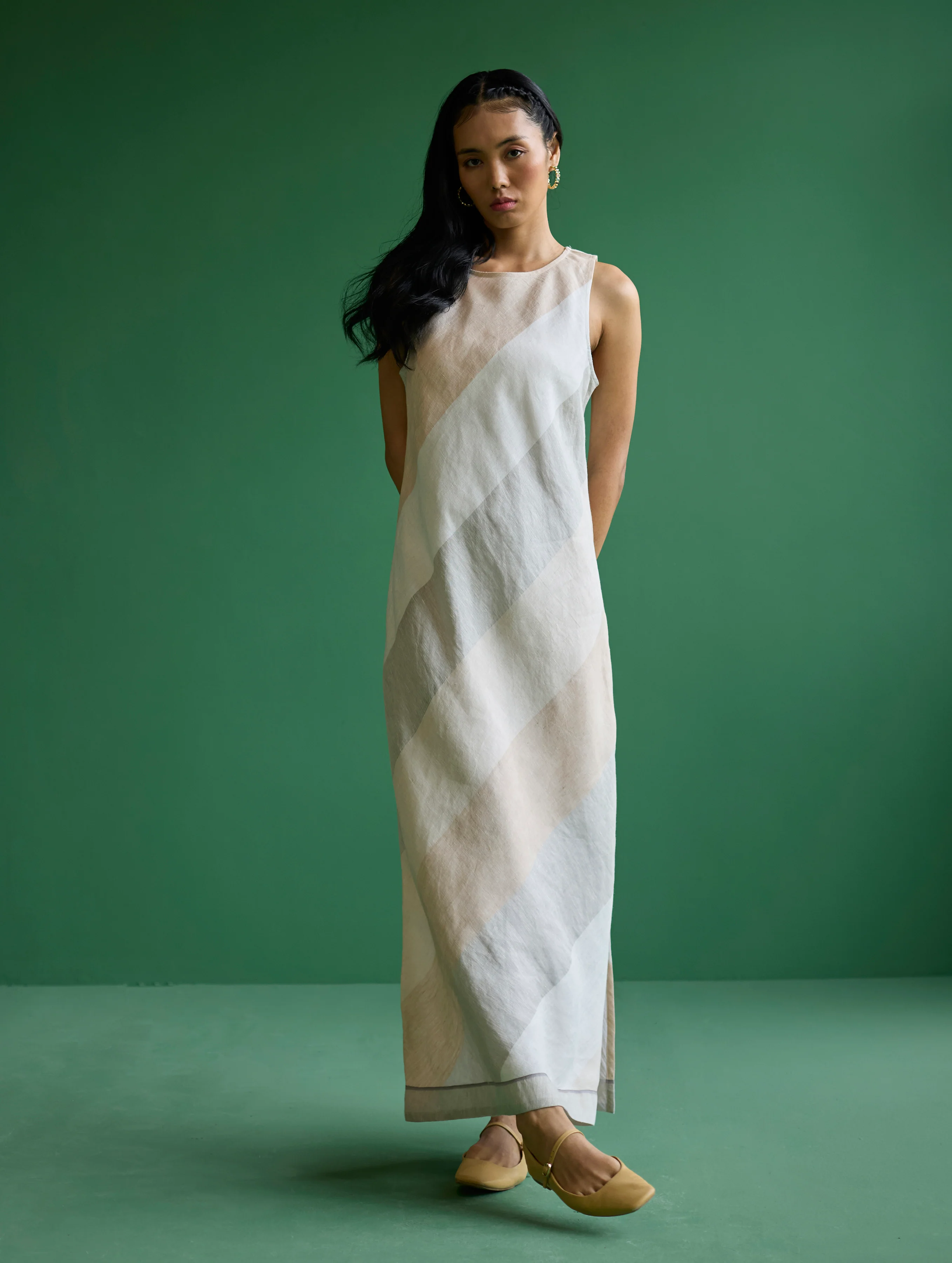 Akito Bias Linen Stripe Dress - Ivory - Image 5