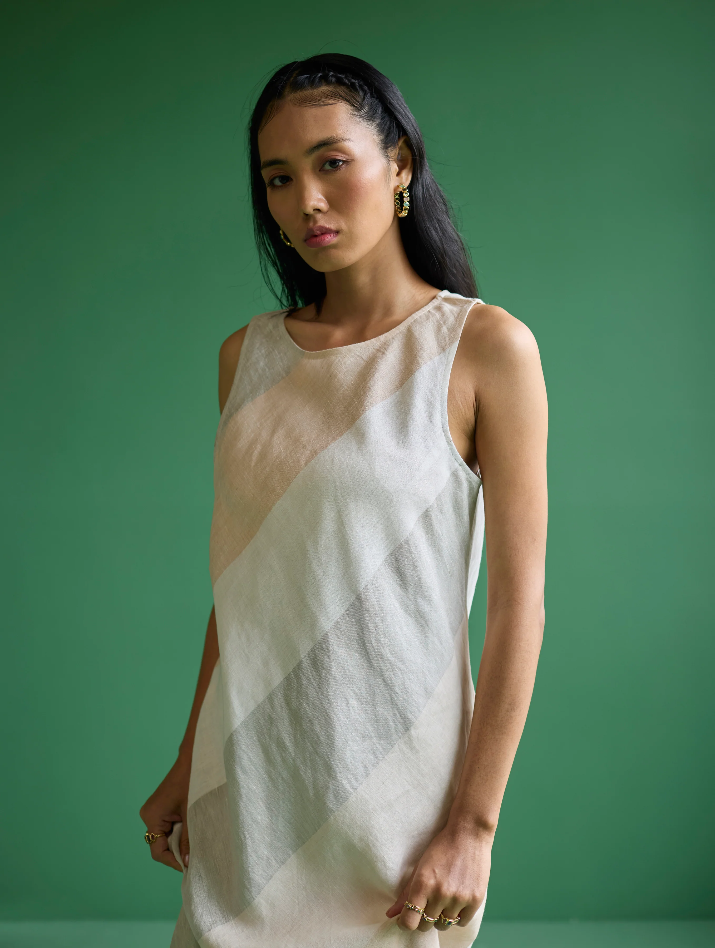 Akito Bias Linen Stripe Dress - Ivory - Image 6