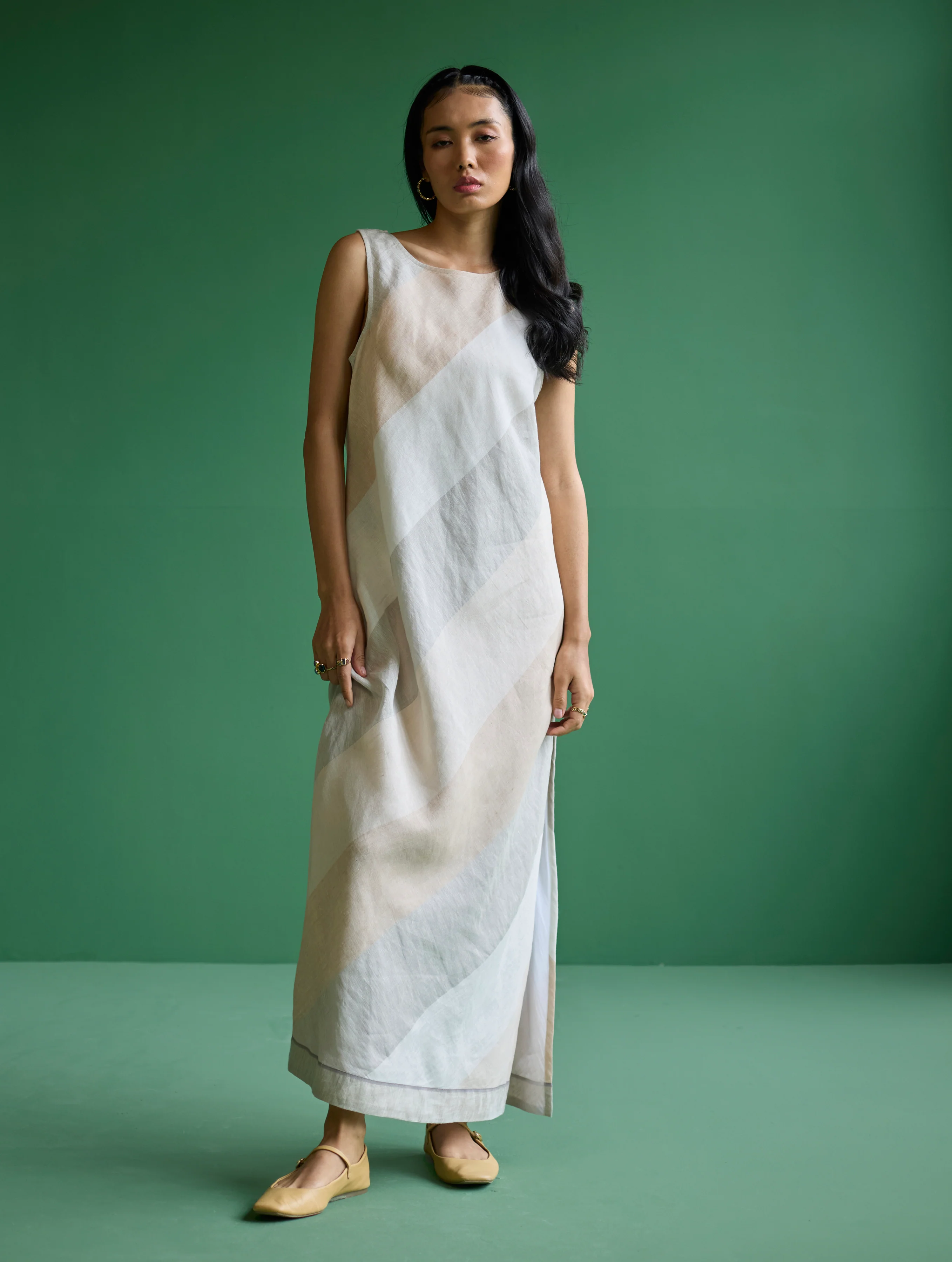 Akito Bias Linen Stripe Dress - Ivory - Image 8