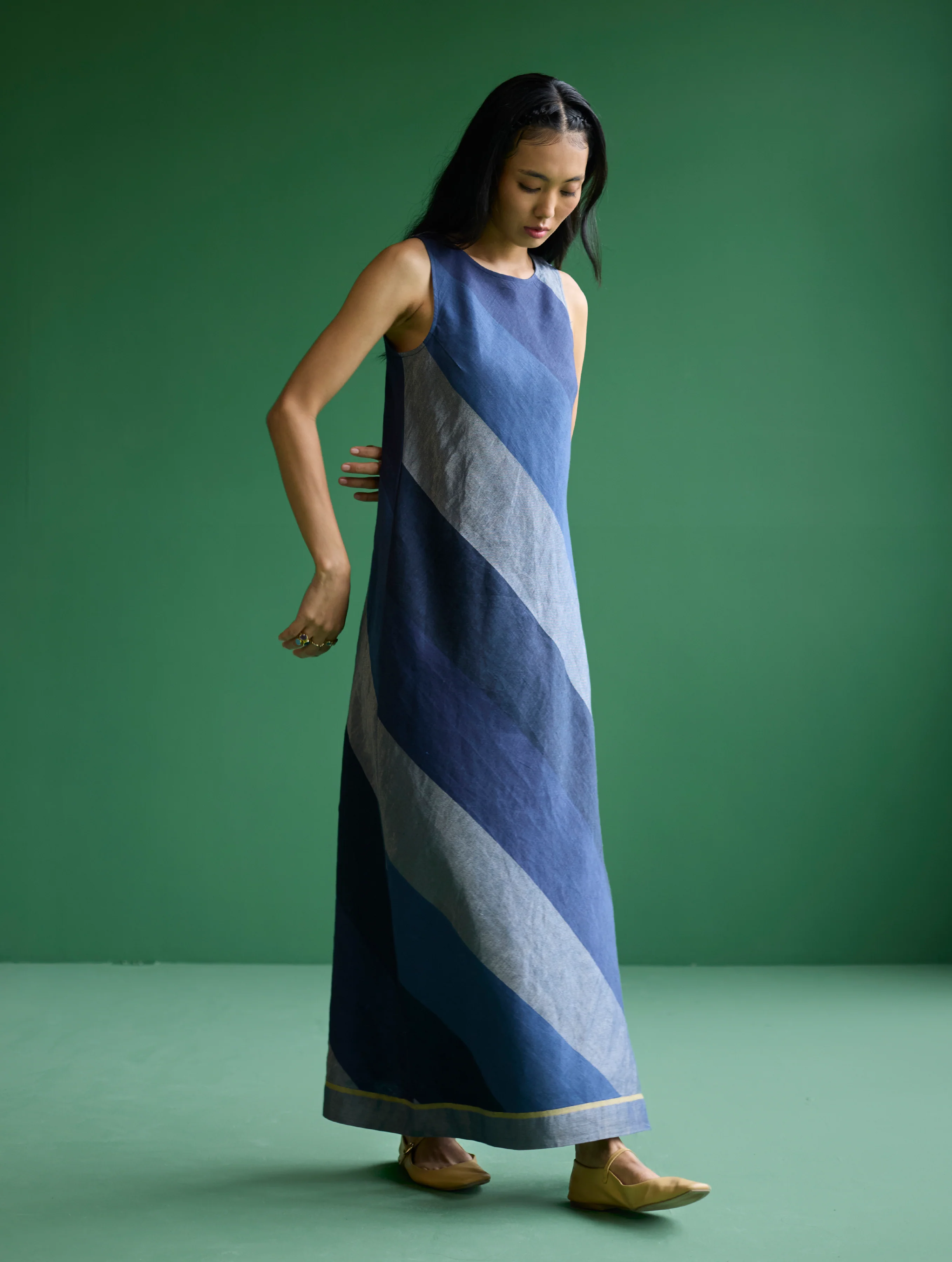 Akito Bias Linen Stripe Dress - Navy - Image 3