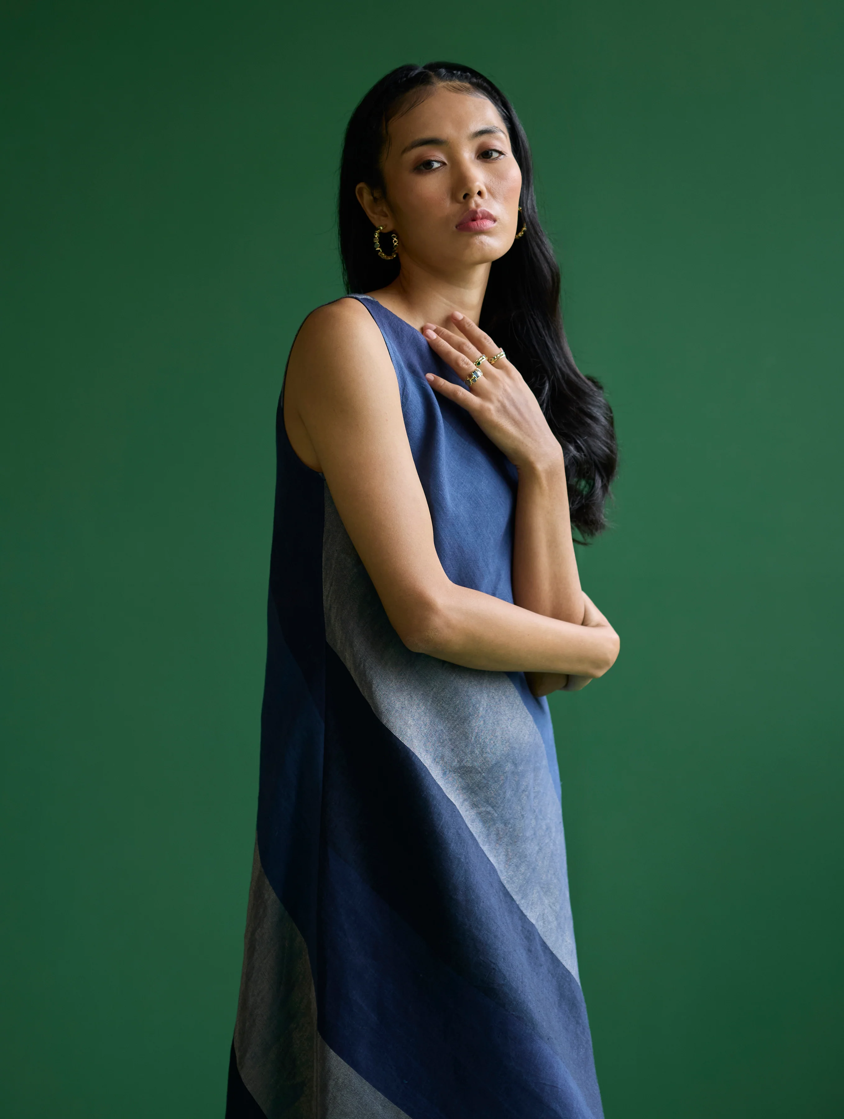 Akito Bias Linen Stripe Dress - Navy - Image 4