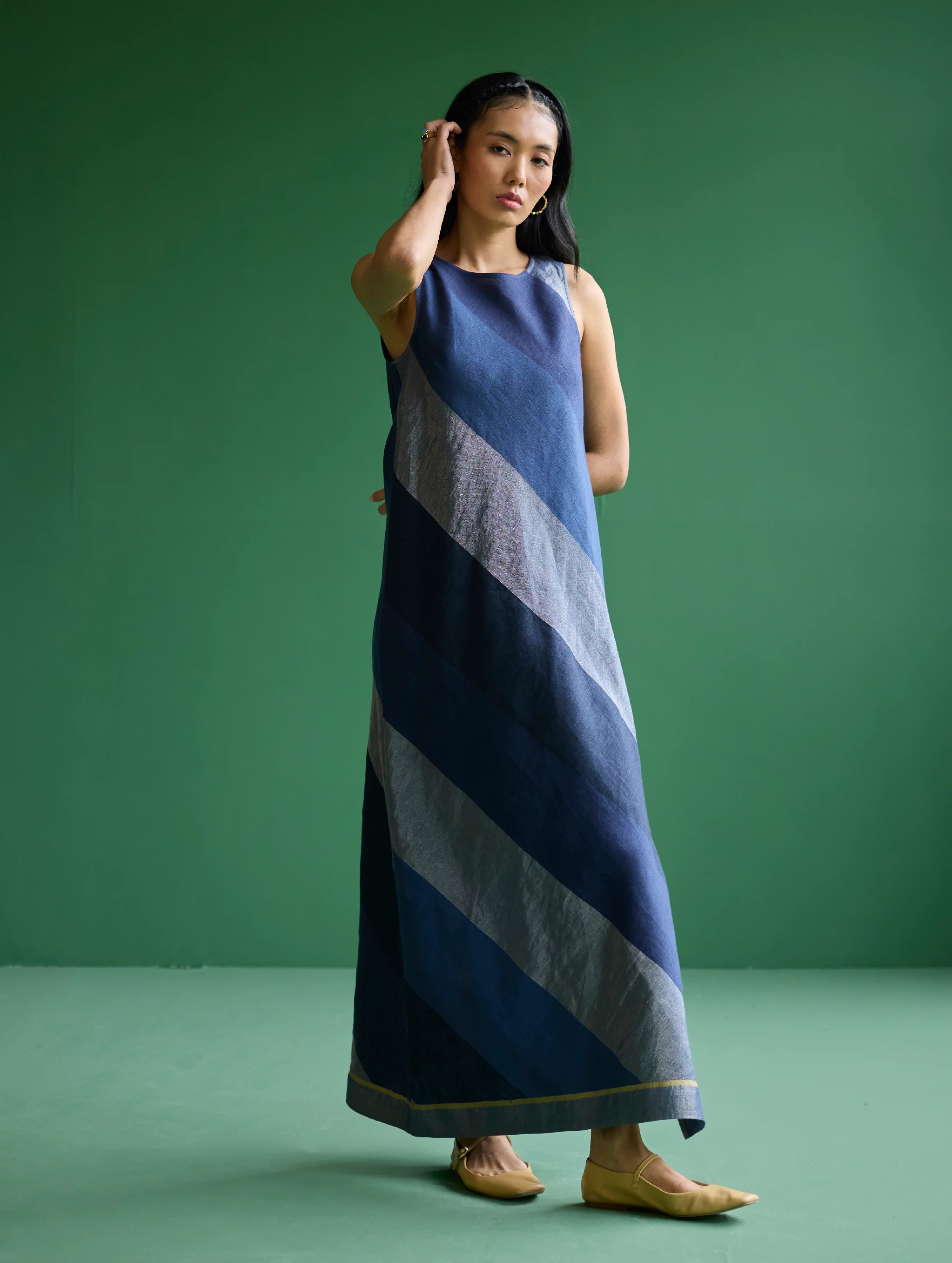 Akito Bias Linen Stripe Dress - Navy - Image 5