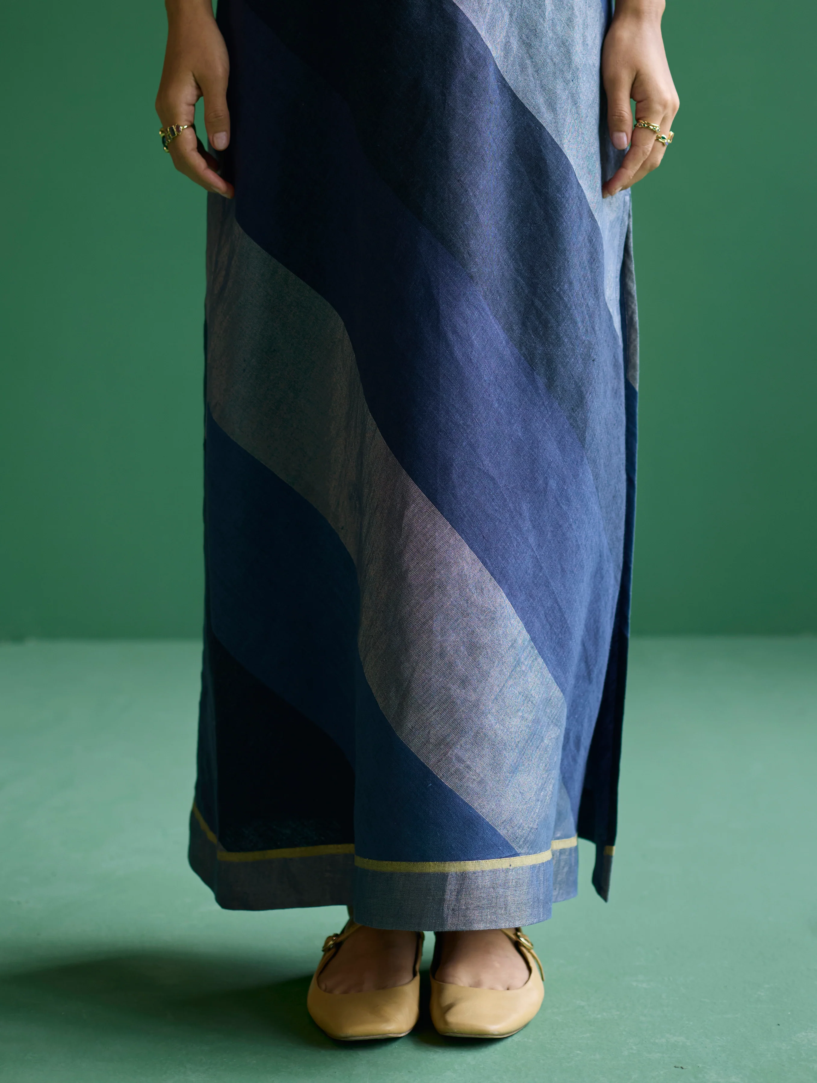 Akito Bias Linen Stripe Dress - Navy - Image 6