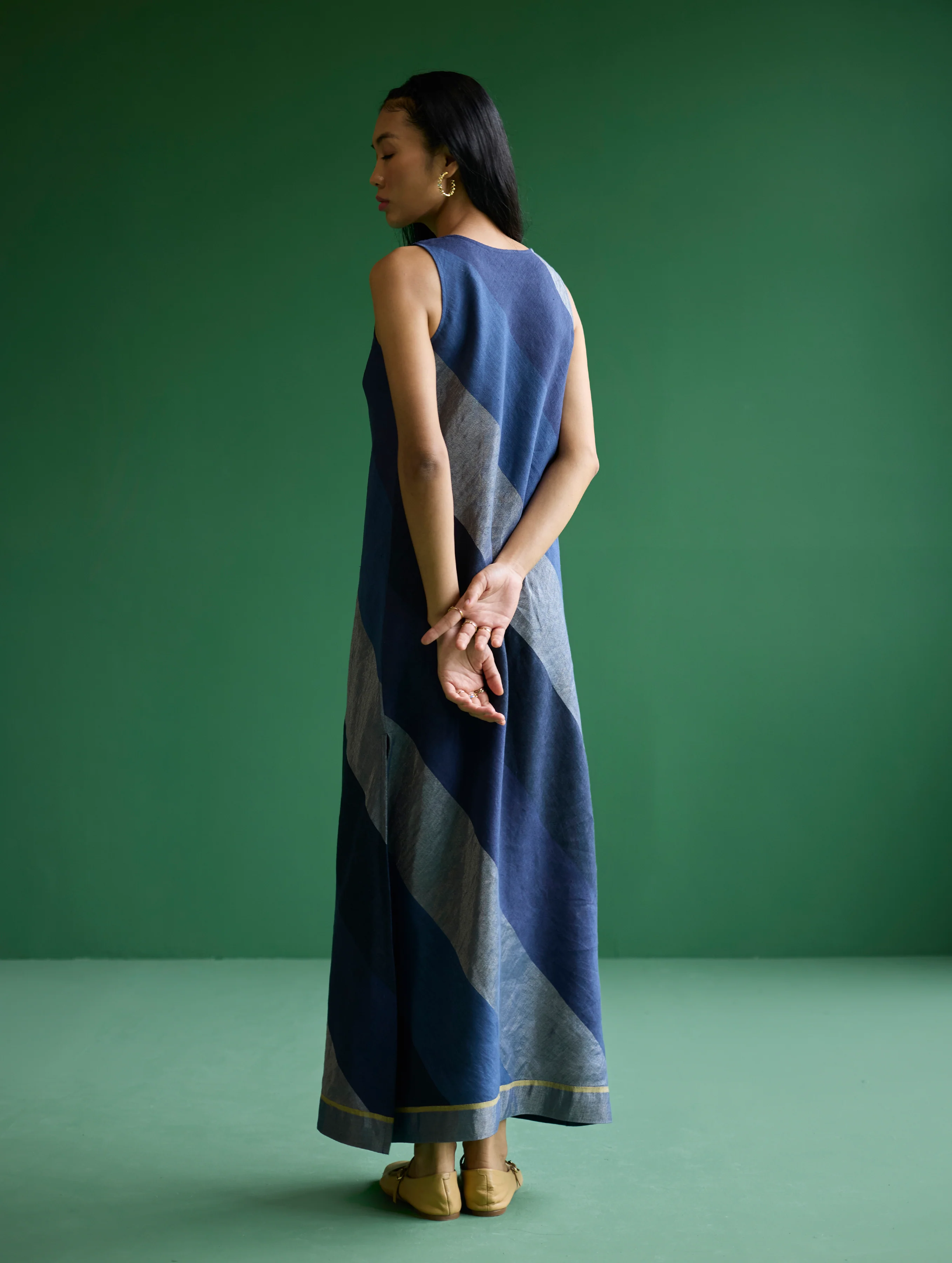 Akito Bias Linen Stripe Dress - Navy - Image 7