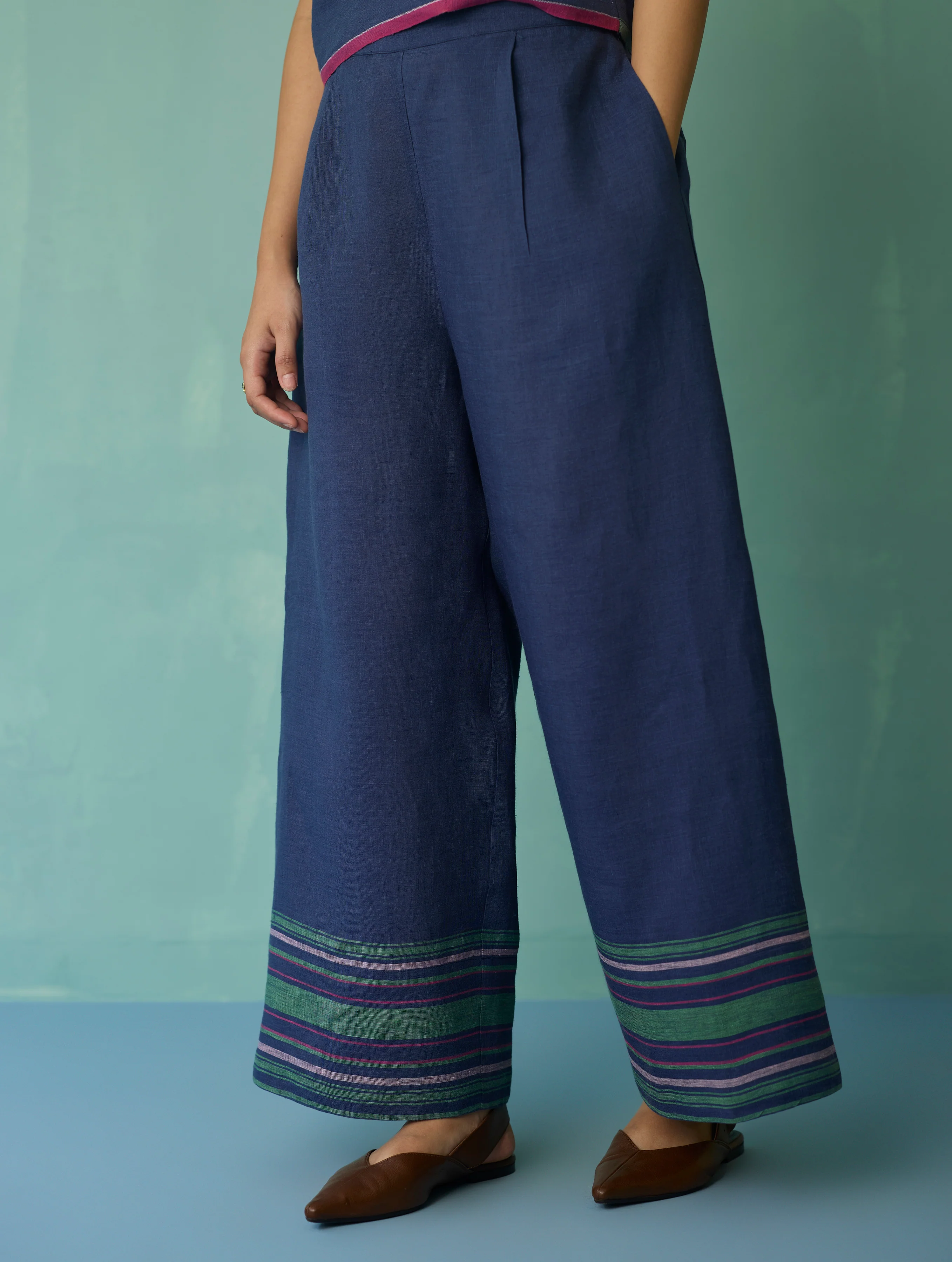 Alina Border Linen Pants - Indigo