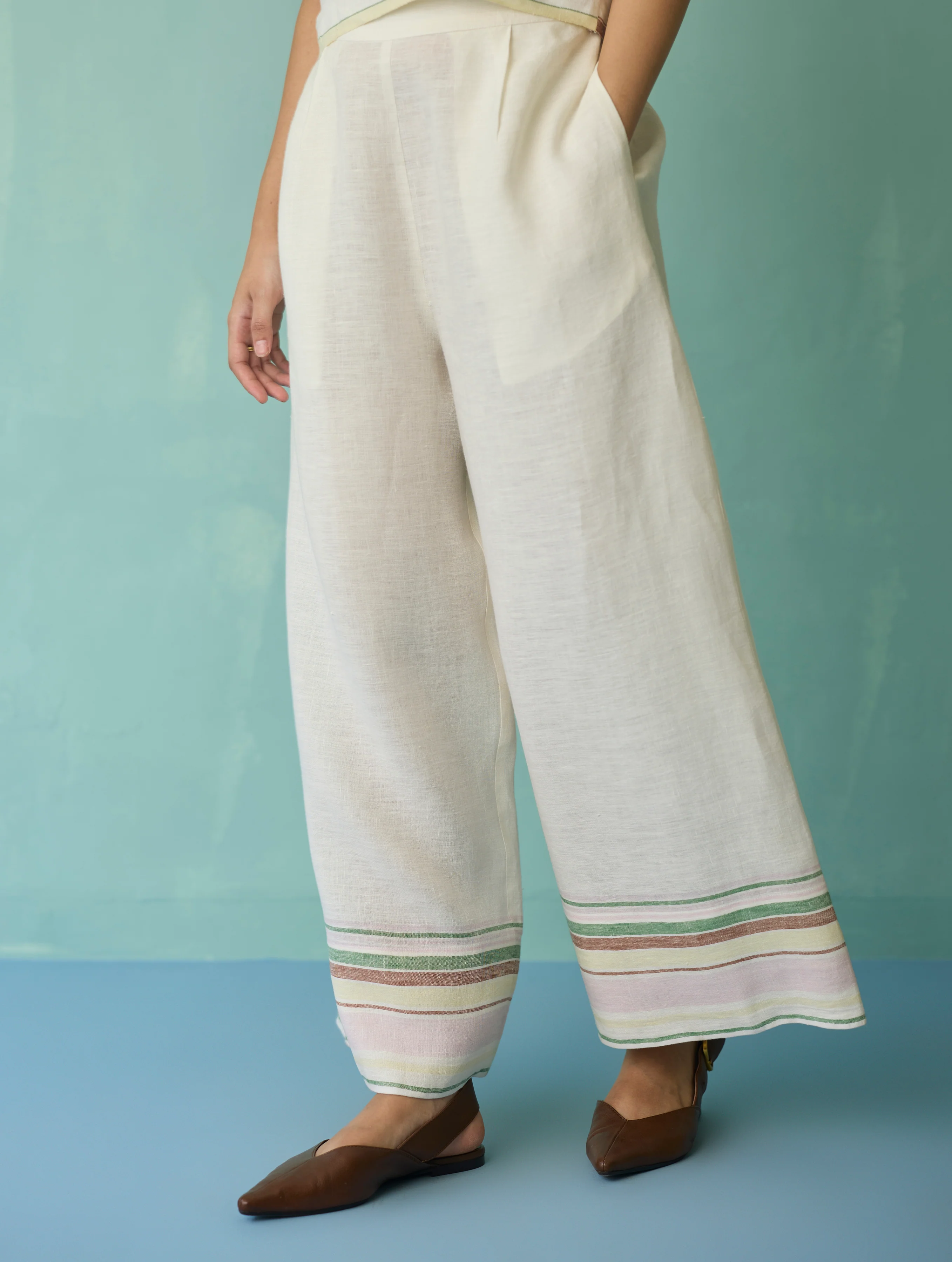 Alina Border Linen Pants - Ivory