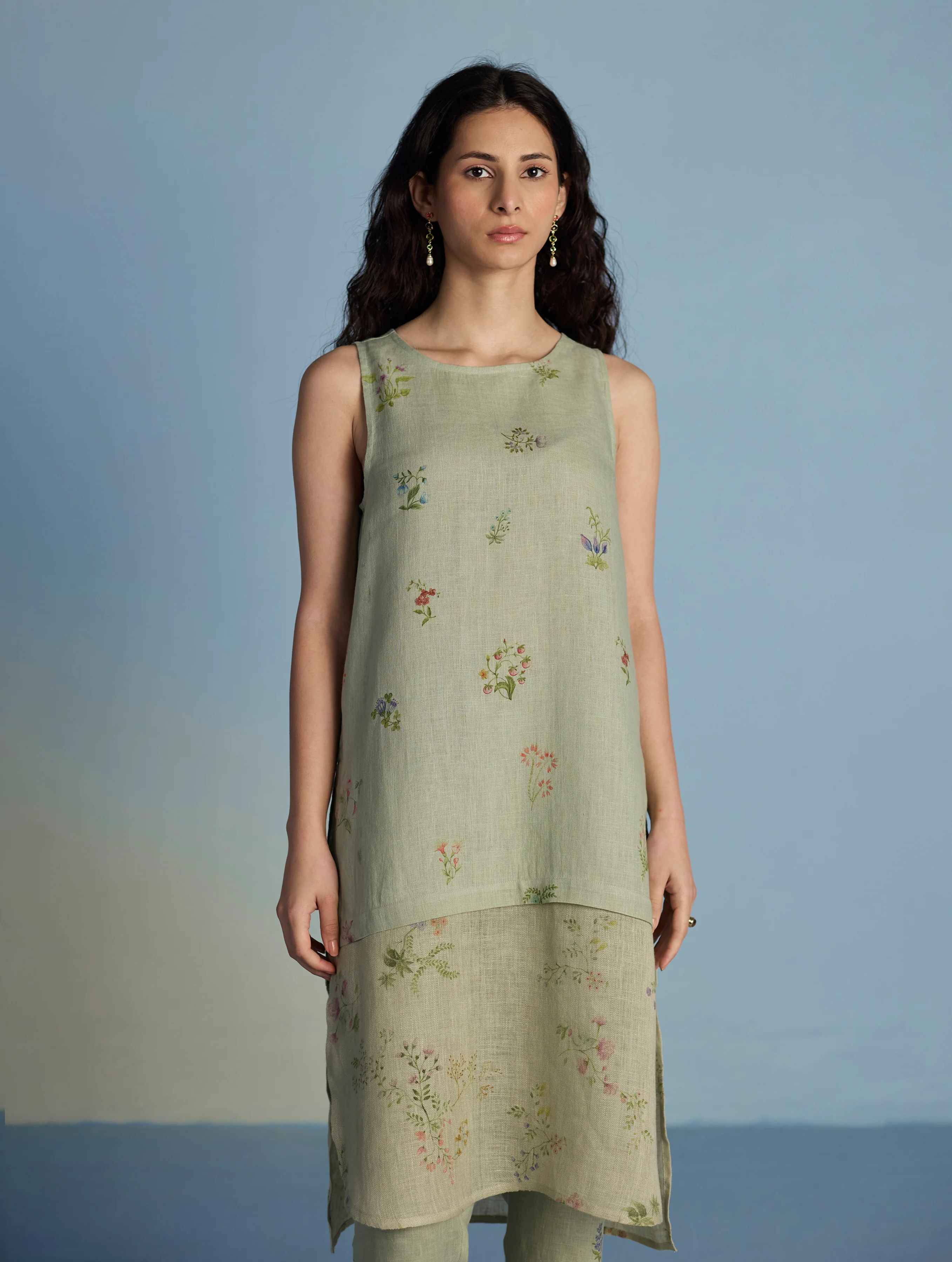 Aneya Patchwork Floral Linen Kurta - Mint - Image 2