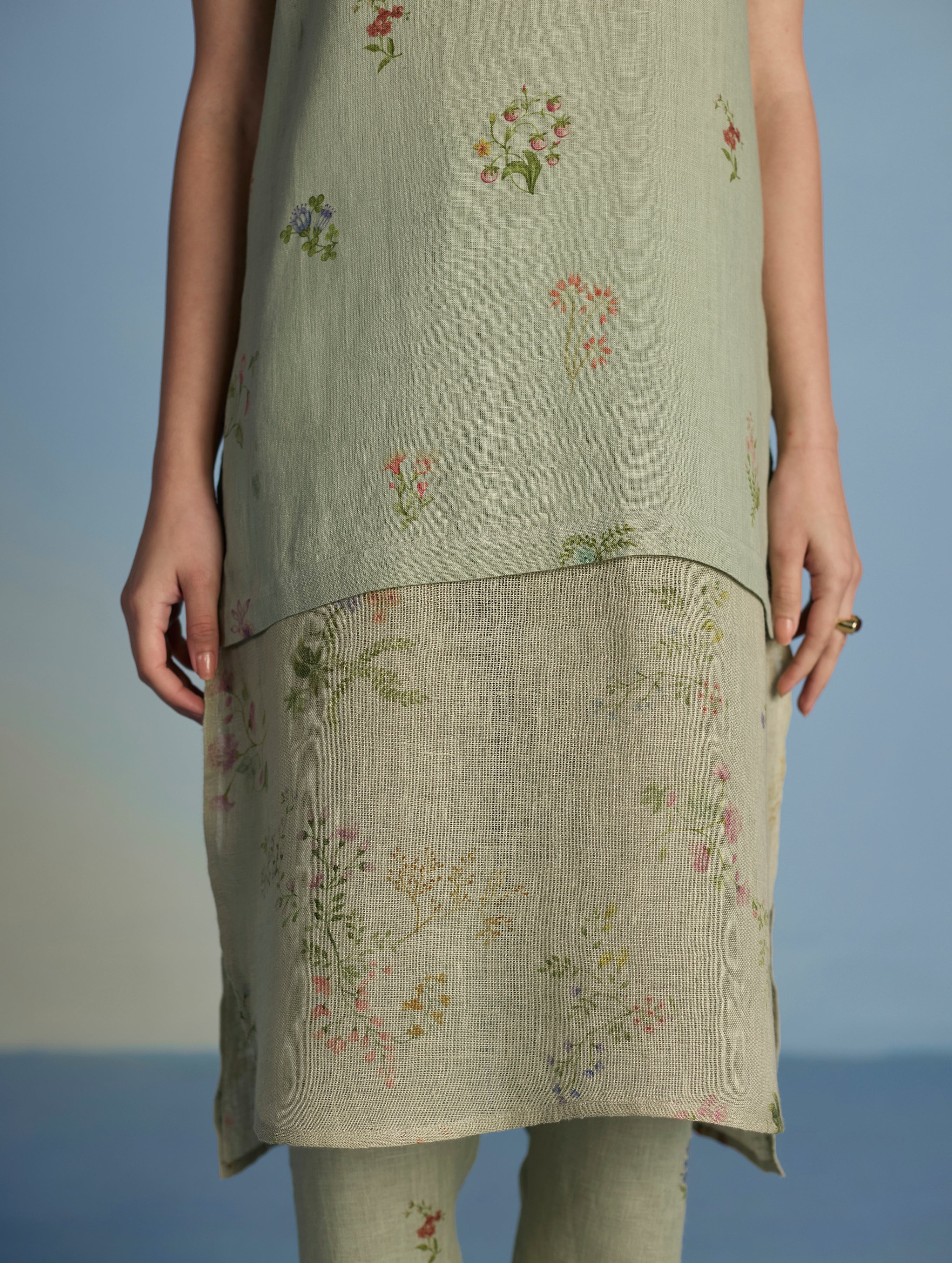 Aneya Patchwork Floral Linen Kurta - Mint - Image 3