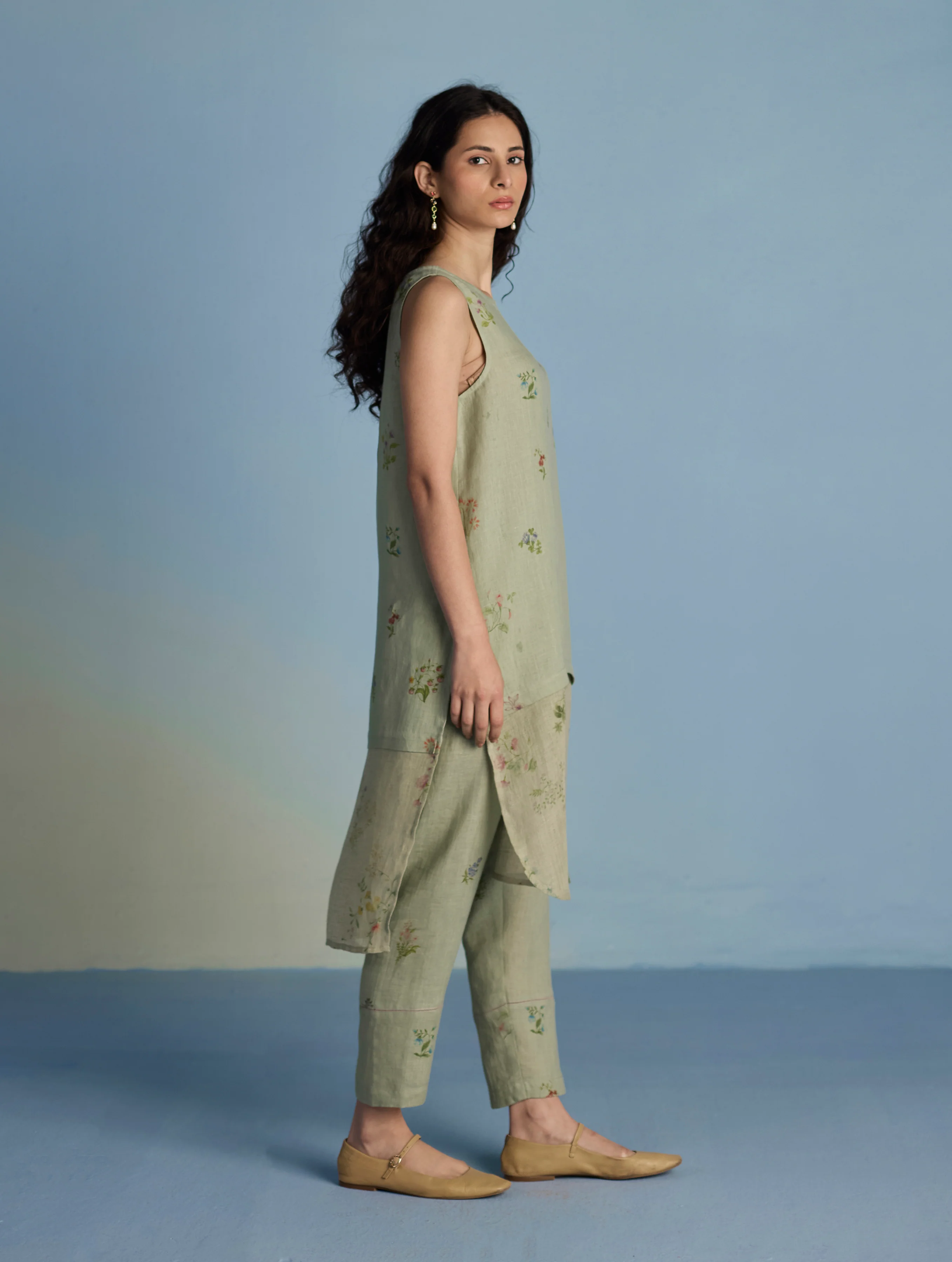 Aneya Patchwork Floral Linen Kurta - Mint - Image 4