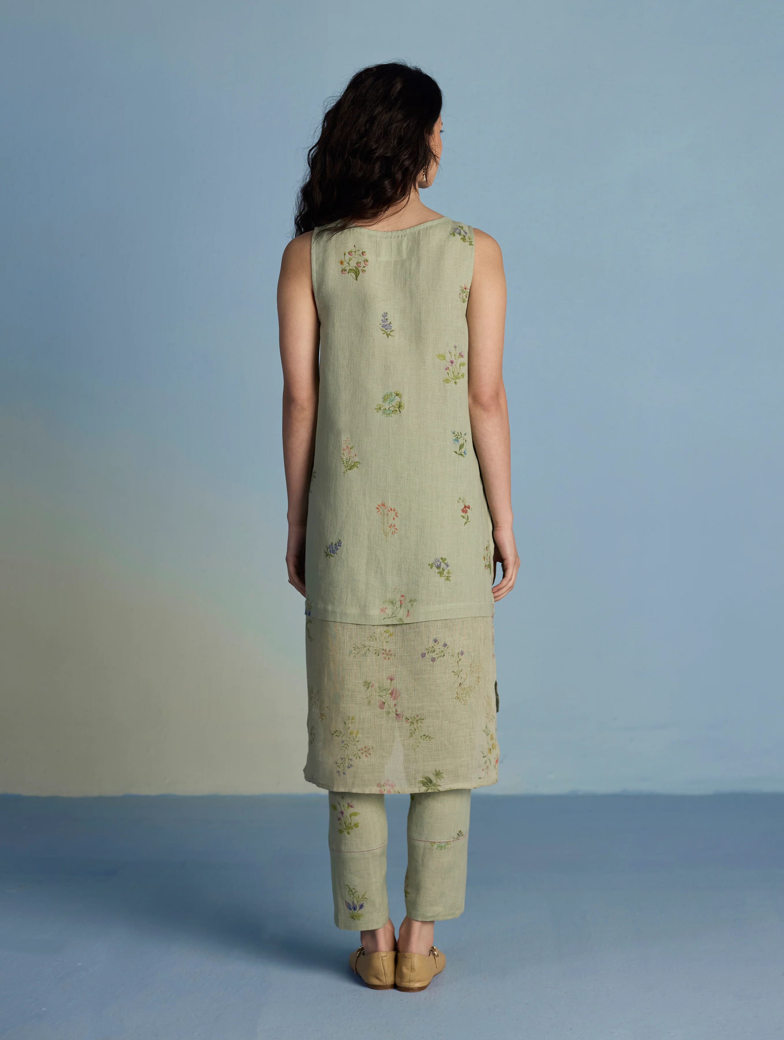 Aneya Patchwork Floral Linen Kurta - Mint - Image 5