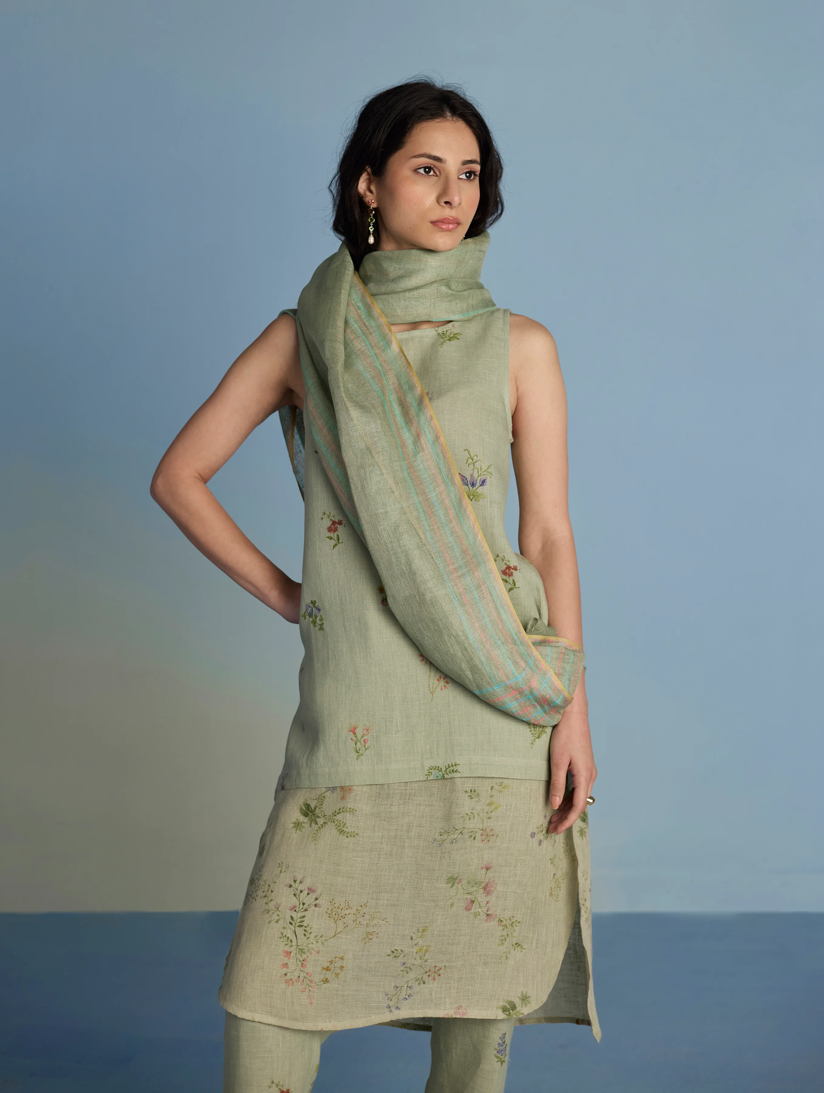 Aneya Patchwork Floral Linen Kurta - Mint - Image 6