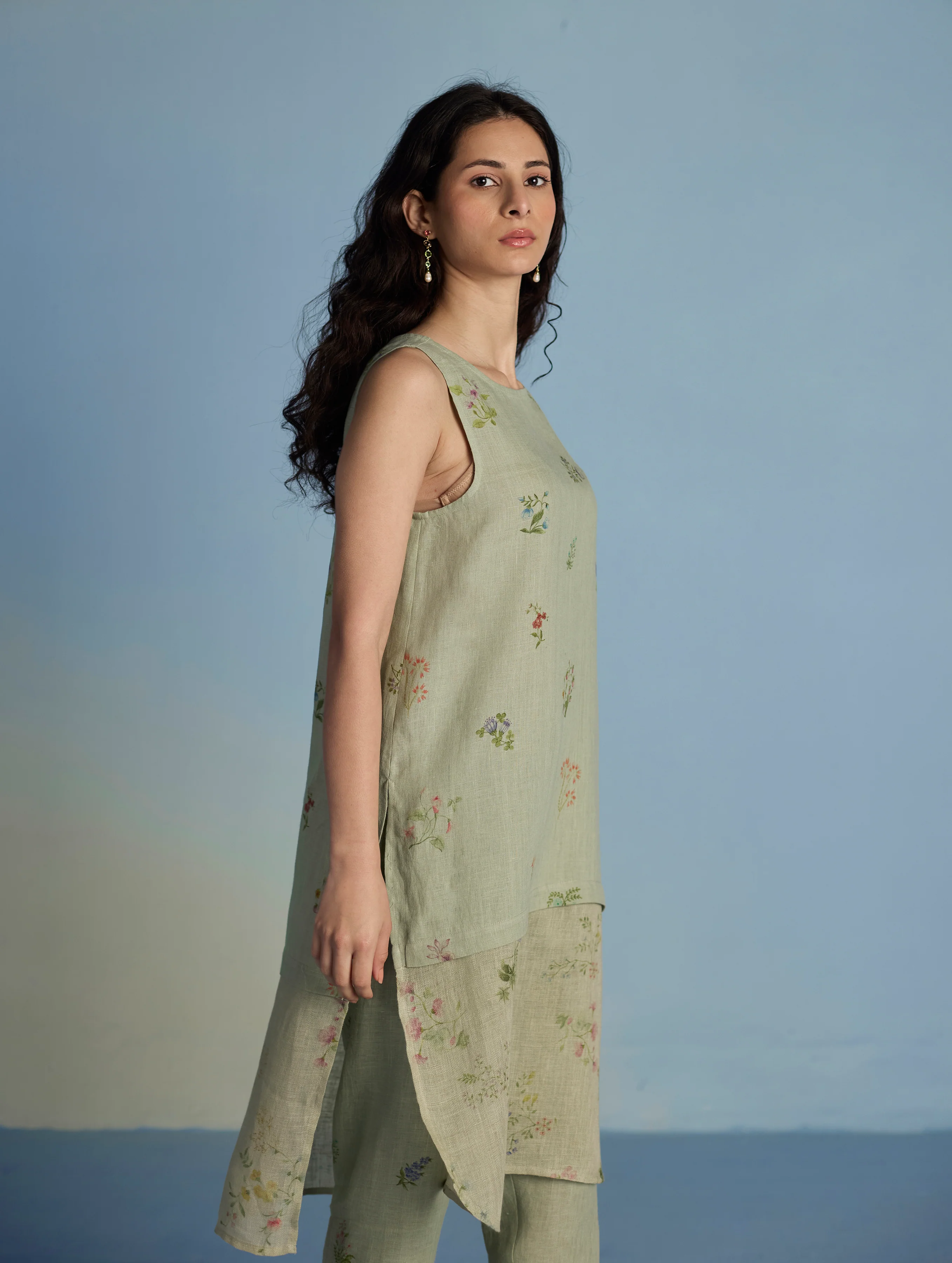 Aneya Patchwork Floral Linen Kurta - Mint - Image 7