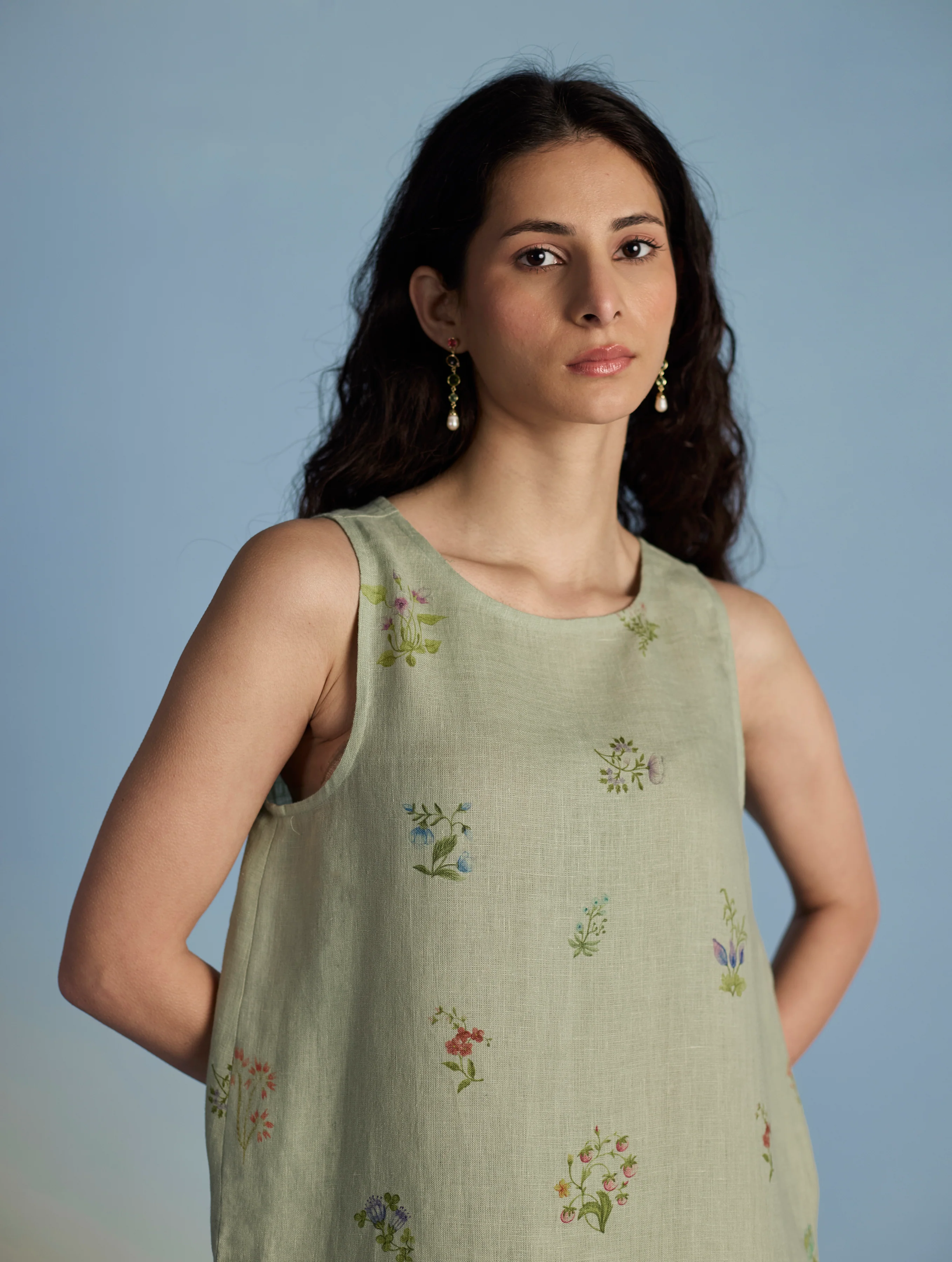 Aneya Patchwork Floral Linen Kurta - Mint - Image 8