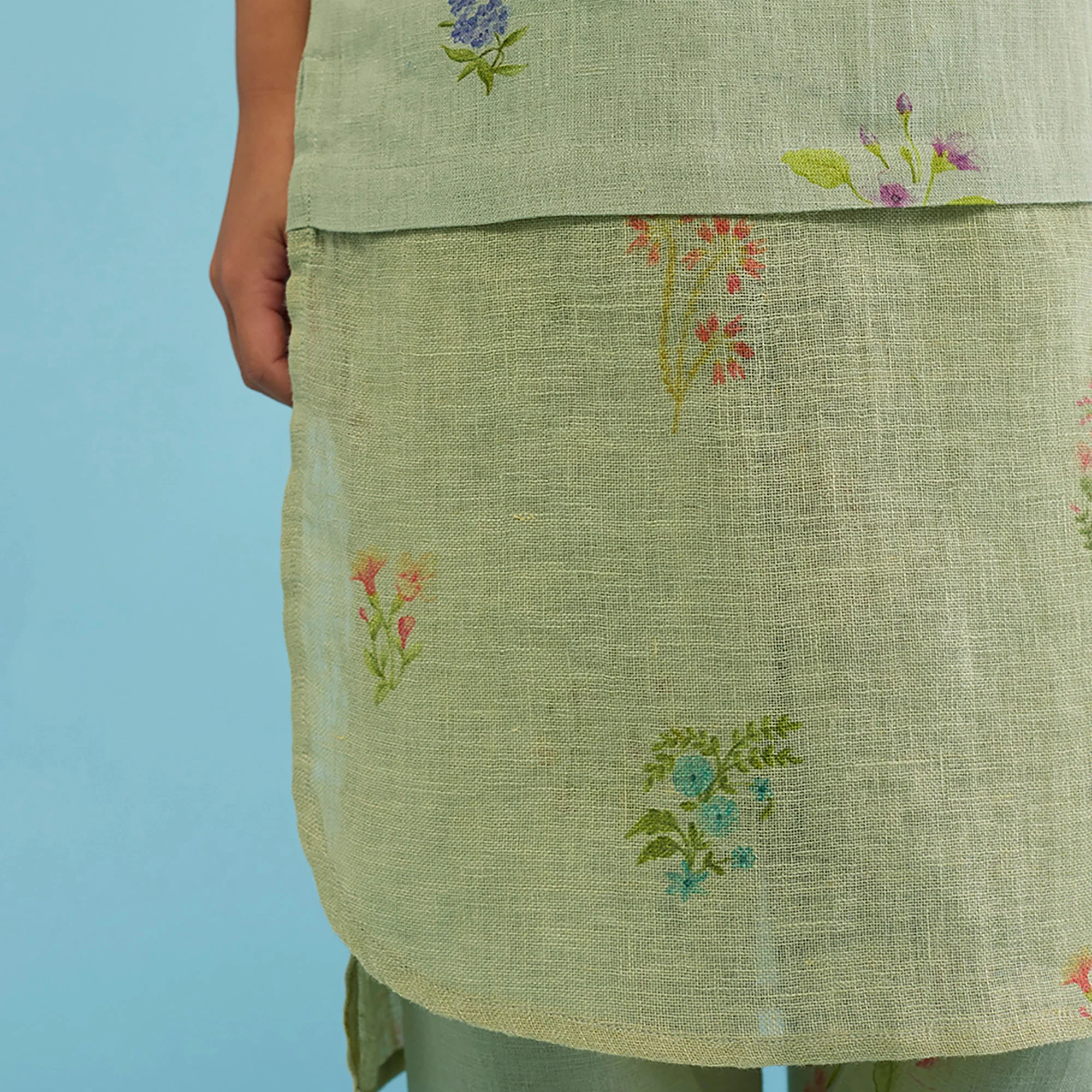 Aneya Patchwork Floral Linen Kurta - Mint - Image 5