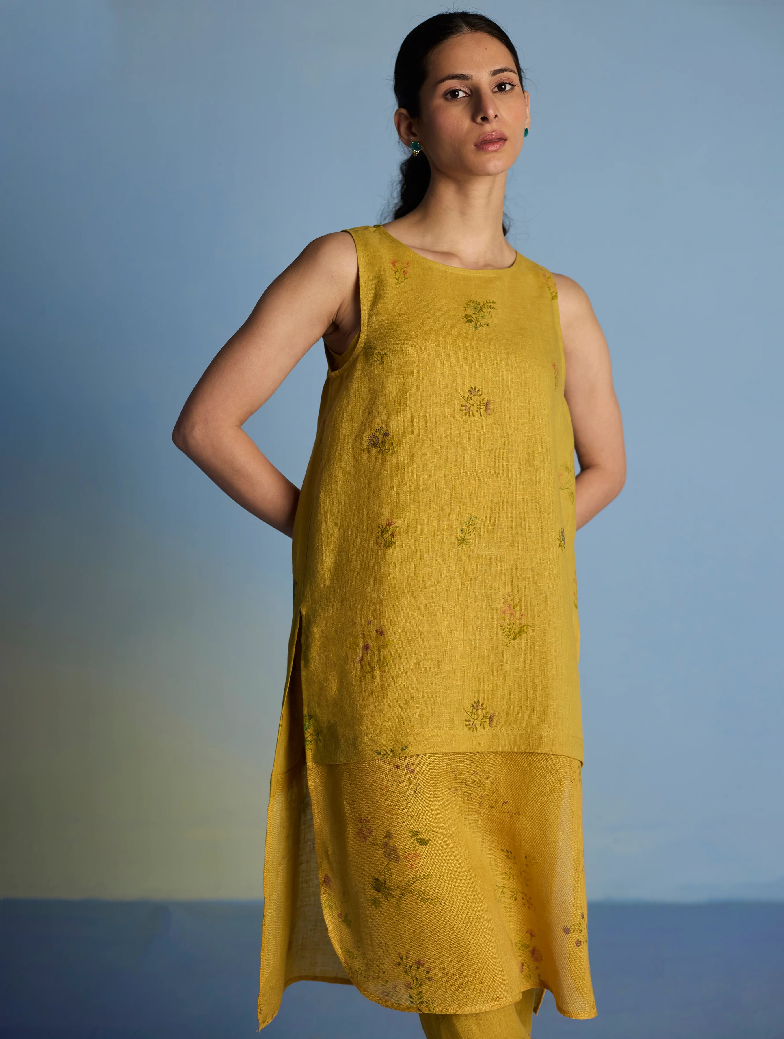 Aneya Patchwork Floral Linen Kurta - Ochre - Image 3