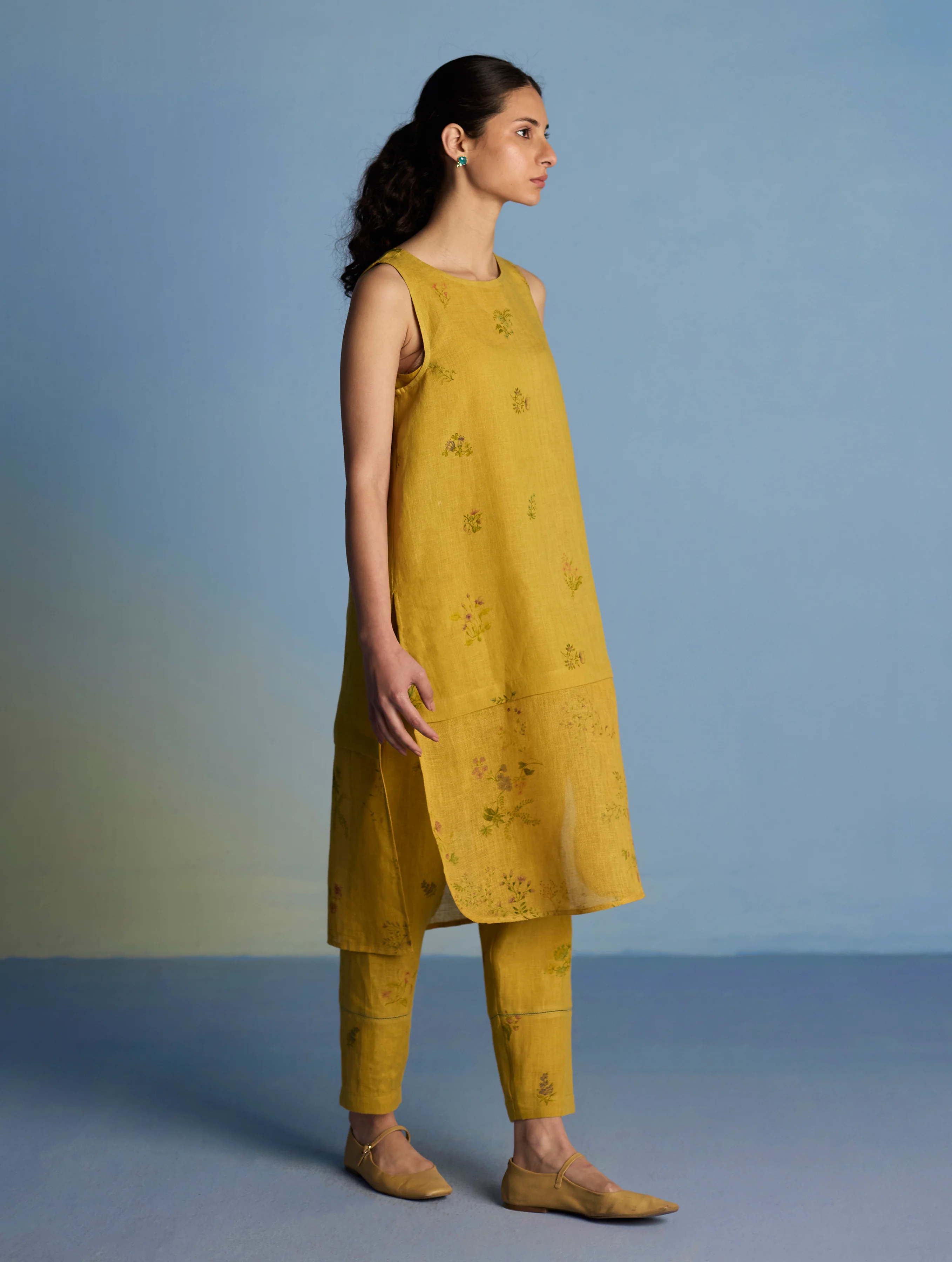 Aneya Patchwork Floral Linen Kurta - Ochre - Image 5