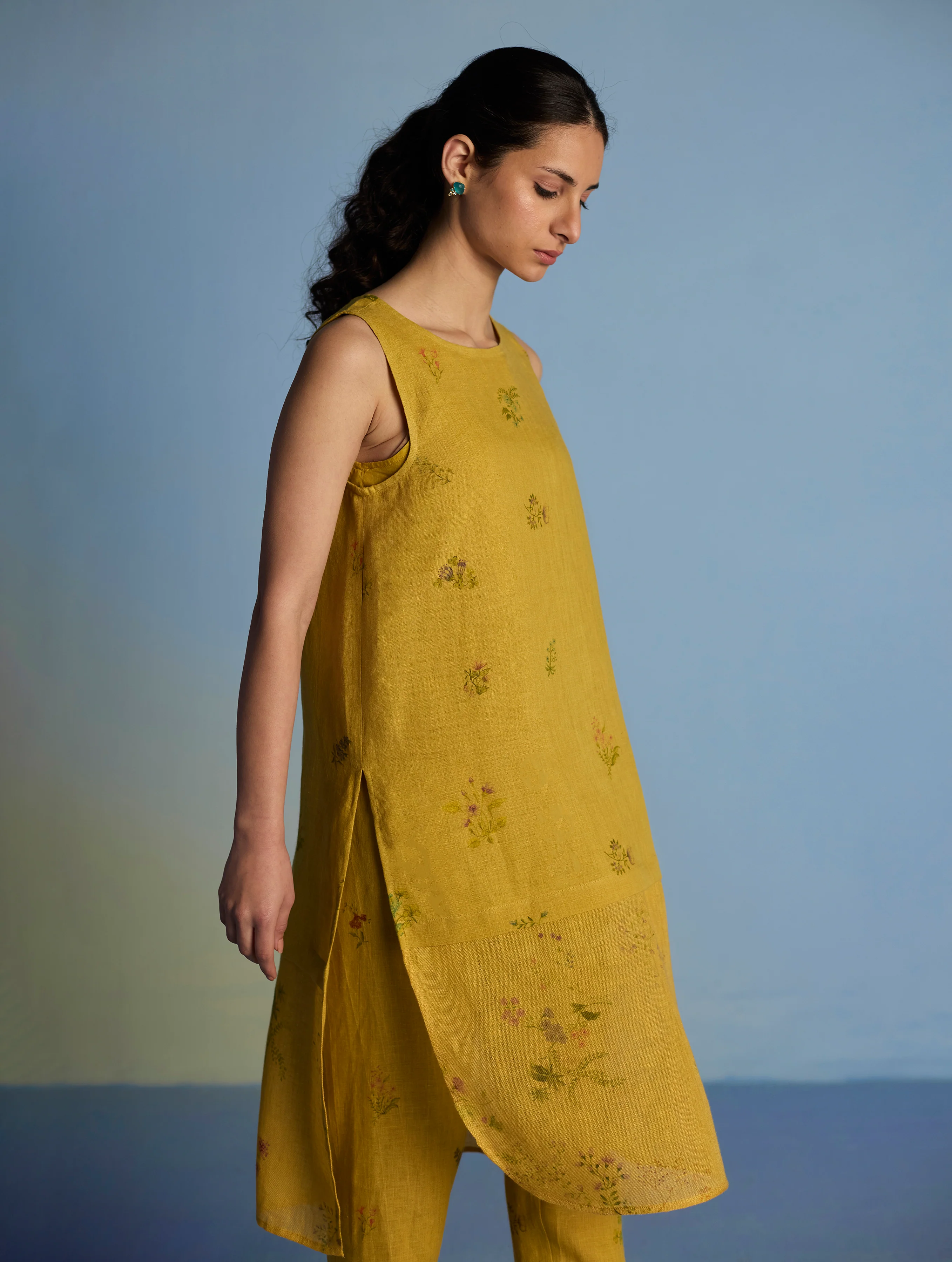 Aneya Patchwork Floral Linen Kurta - Ochre - Image 6