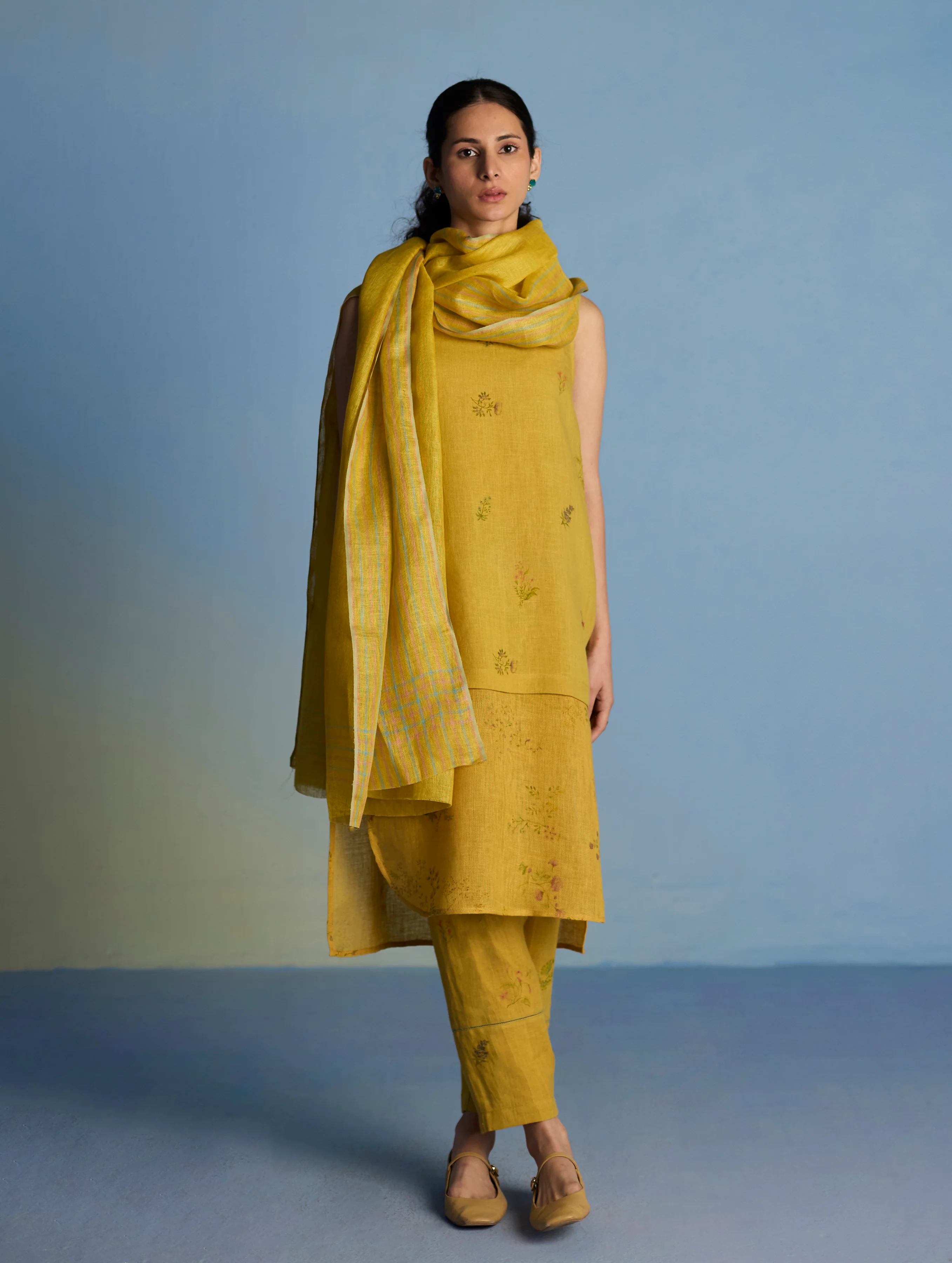 Aneya Patchwork Floral Linen Kurta - Ochre - Image 7