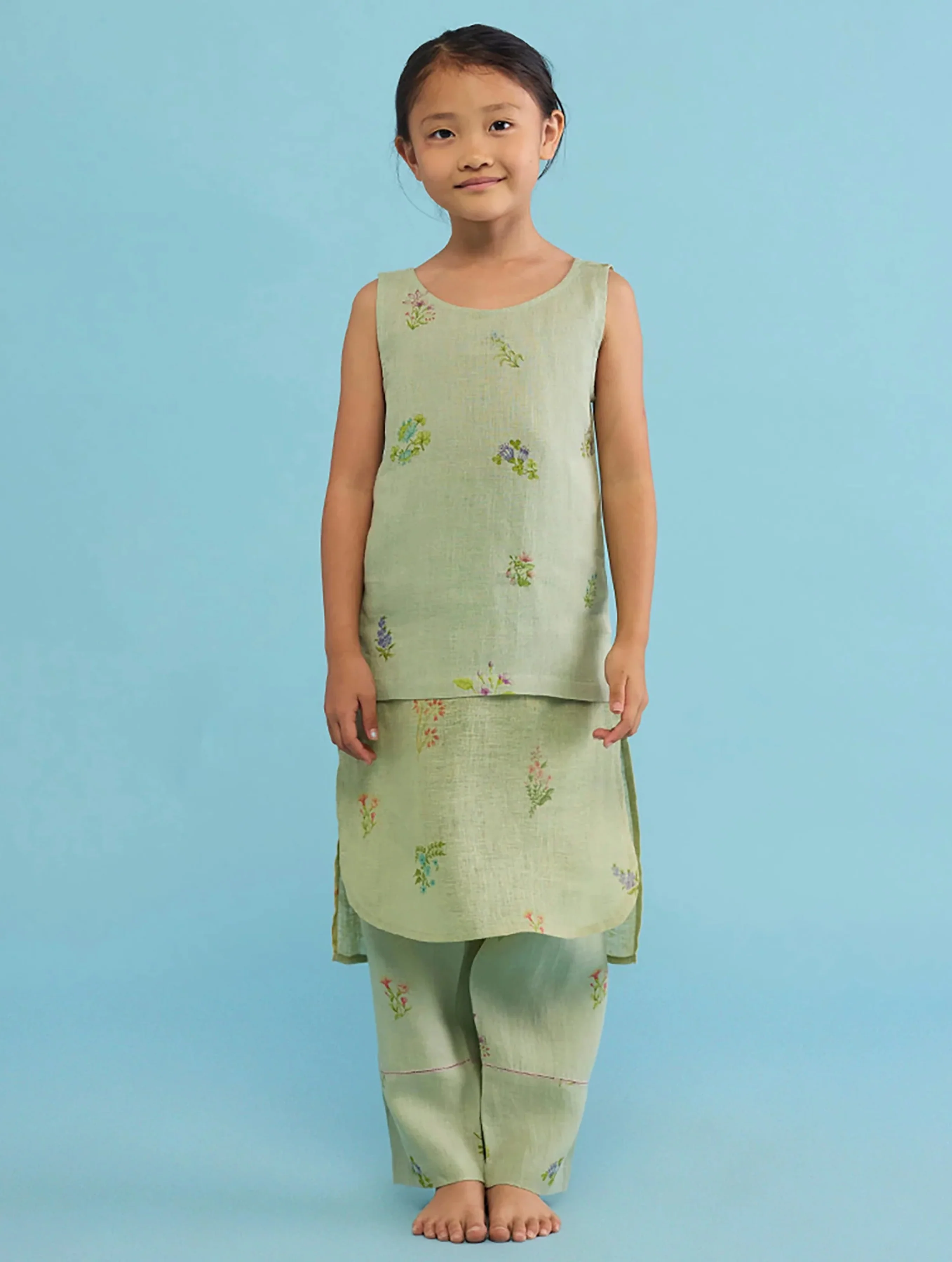 Aneya Patchwork Floral Linen Kurta Set - Mint
