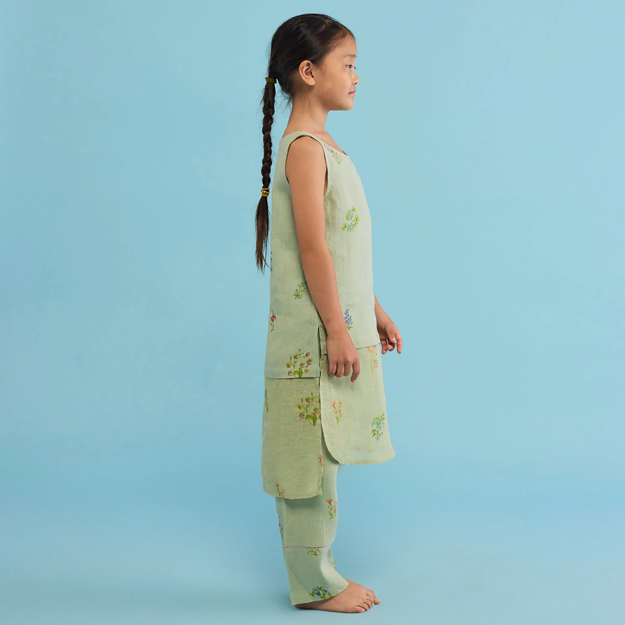 Aneya Patchwork Floral Linen Kurta Set - Mint - Image 2